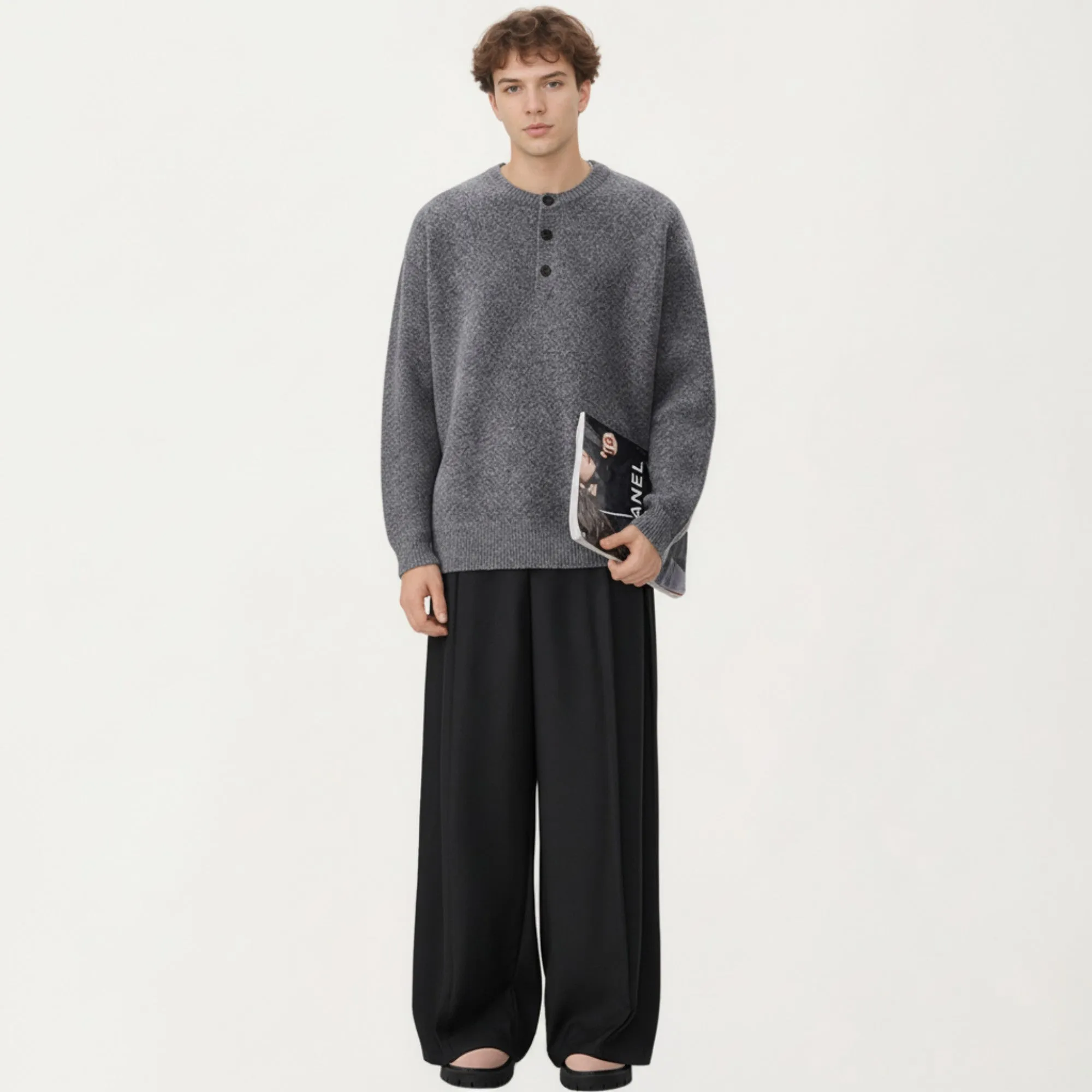 Men's Long Sleeve Knit Henley Sweater with Ribbed Trim sold by Anna-Kaci product image thumbnail 4