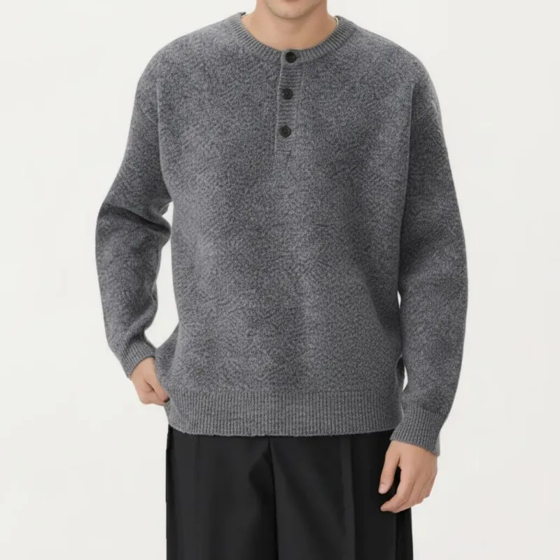 Anna-Kaci Men's Long Sleeve Knit Henley Sweater with Ribbed Trim made by Anna-Kaci