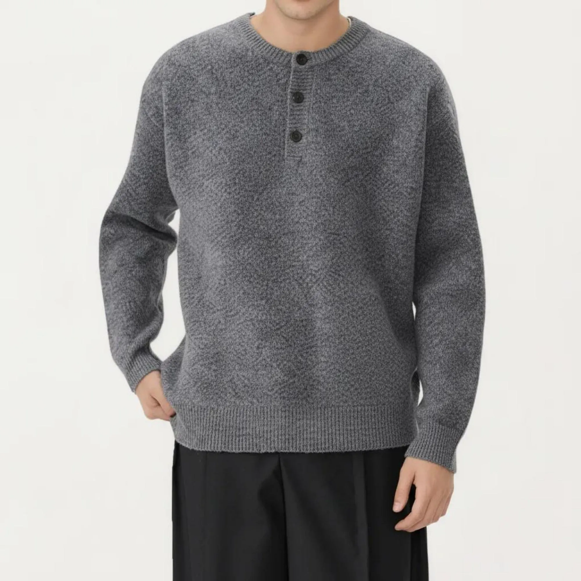 Men's Long Sleeve Knit Henley Sweater with Ribbed Trim sold by Anna-Kaci