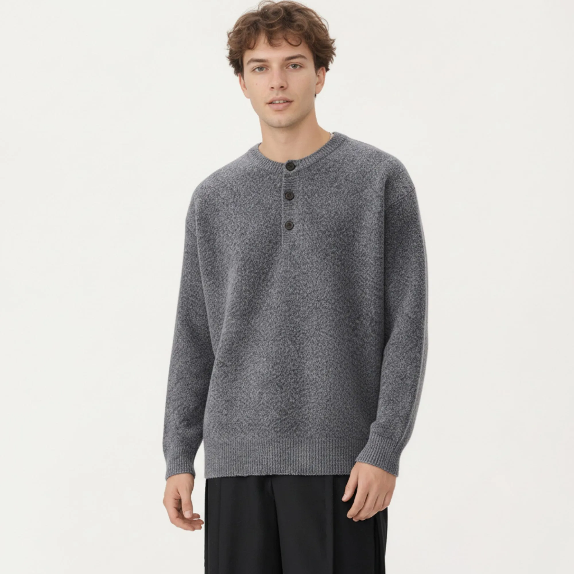 Men's Long Sleeve Knit Henley Sweater with Ribbed Trim sold by Anna-Kaci product image thumbnail 2