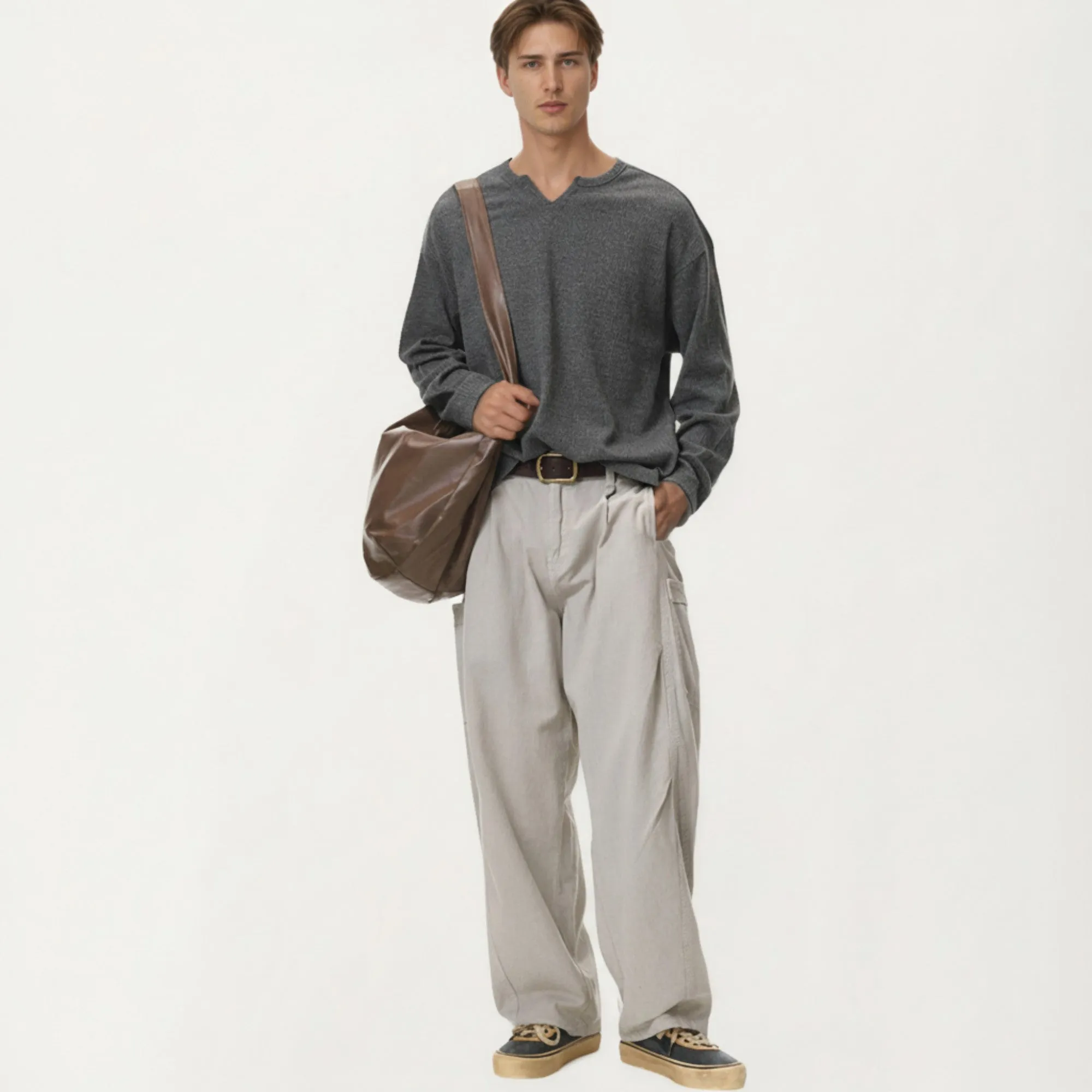 Anna-Kaci Men's Long Sleeve Pullover Top with Layered Notch Neckline and Relaxed Fit sold by Anna-Kaci product image thumbnail 4