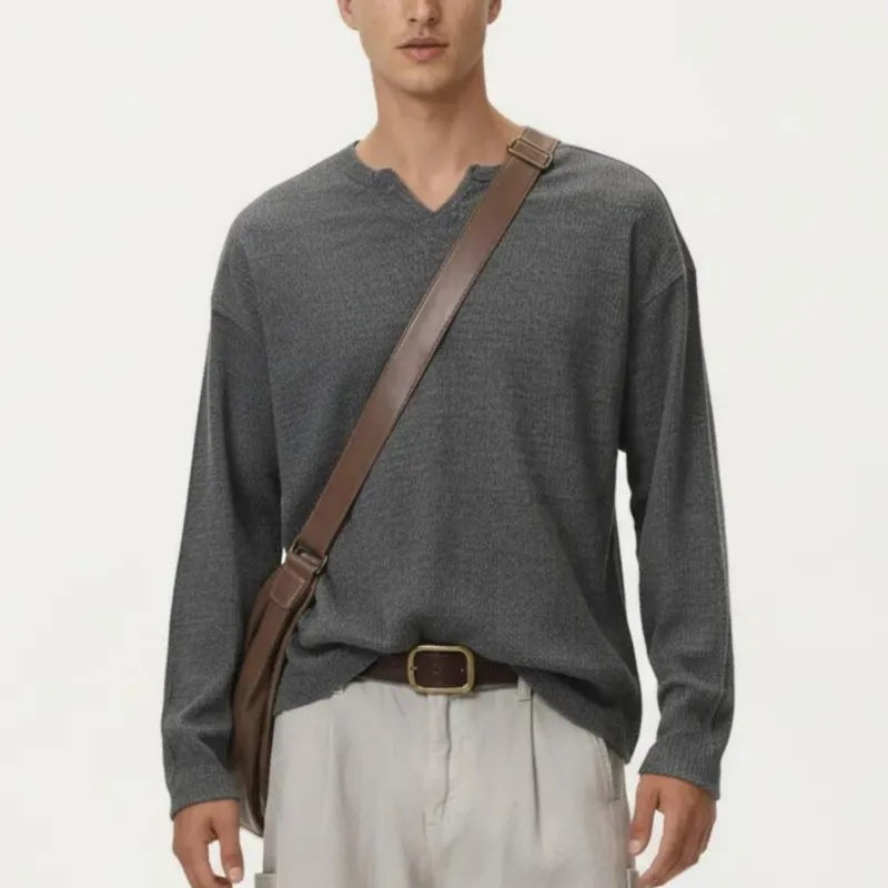 Anna-Kaci Men's Long Sleeve Pullover Top with Layered Notch Neckline and Relaxed Fit sold by Anna-Kaci