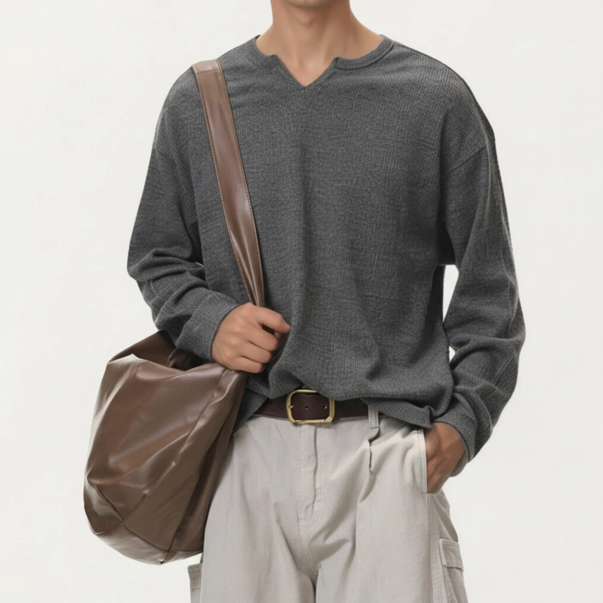 Anna-Kaci Men's Long Sleeve Pullover Top with Layered Notch Neckline and Relaxed Fit sold by Anna-Kaci product image thumbnail 2