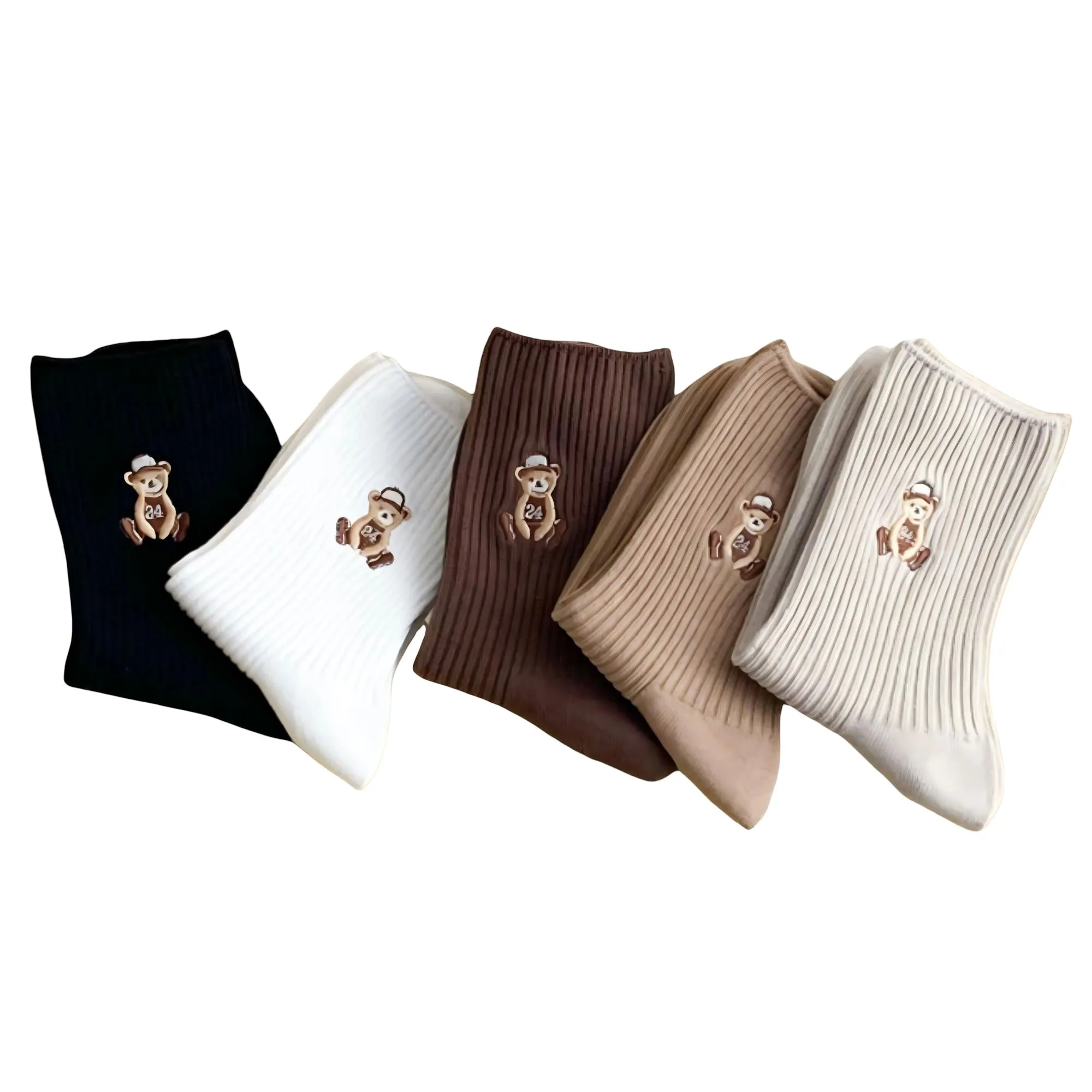 Anna-Kaci Women's 5-Pair Ribbed Crew Socks with Embroidered Teddy Bear Soft Knit Everyday Comfort Sock Set sold by Anna-Kaci