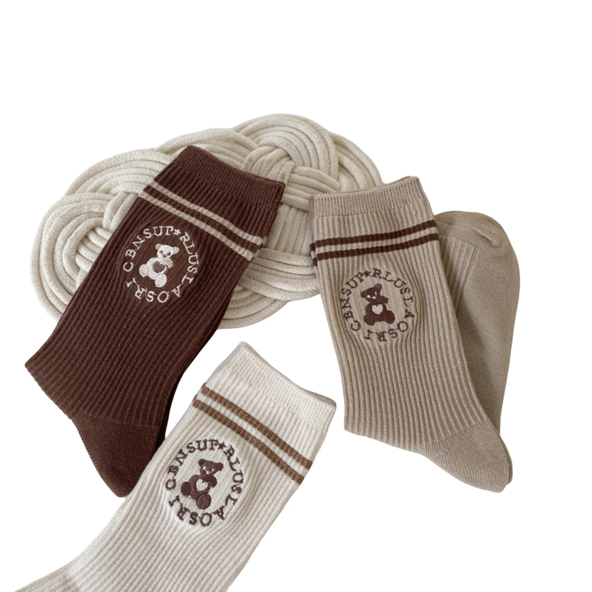 Anna-Kaci Women's 3-Pair Ribbed Crew Socks with Embroidered Teddy Graphic Stripe Detail Soft Knit Everyday Sock Set sold by Anna-Kaci product image thumbnail 4