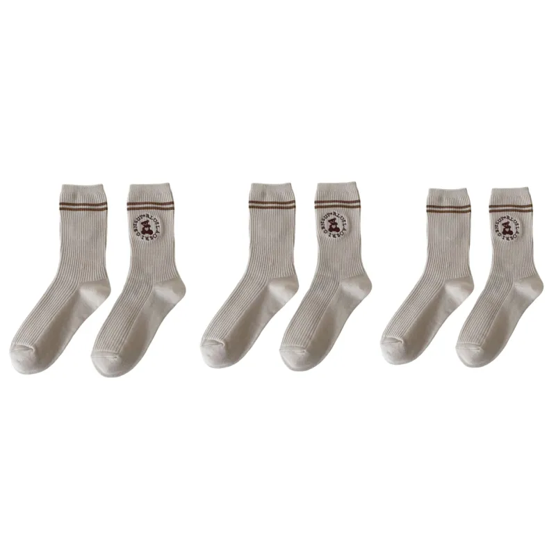 Anna-Kaci Women's 3-Pair Ribbed Crew Socks with Embroidered Teddy Graphic Stripe Detail Soft Knit Everyday Sock Set sold by Anna-Kaci