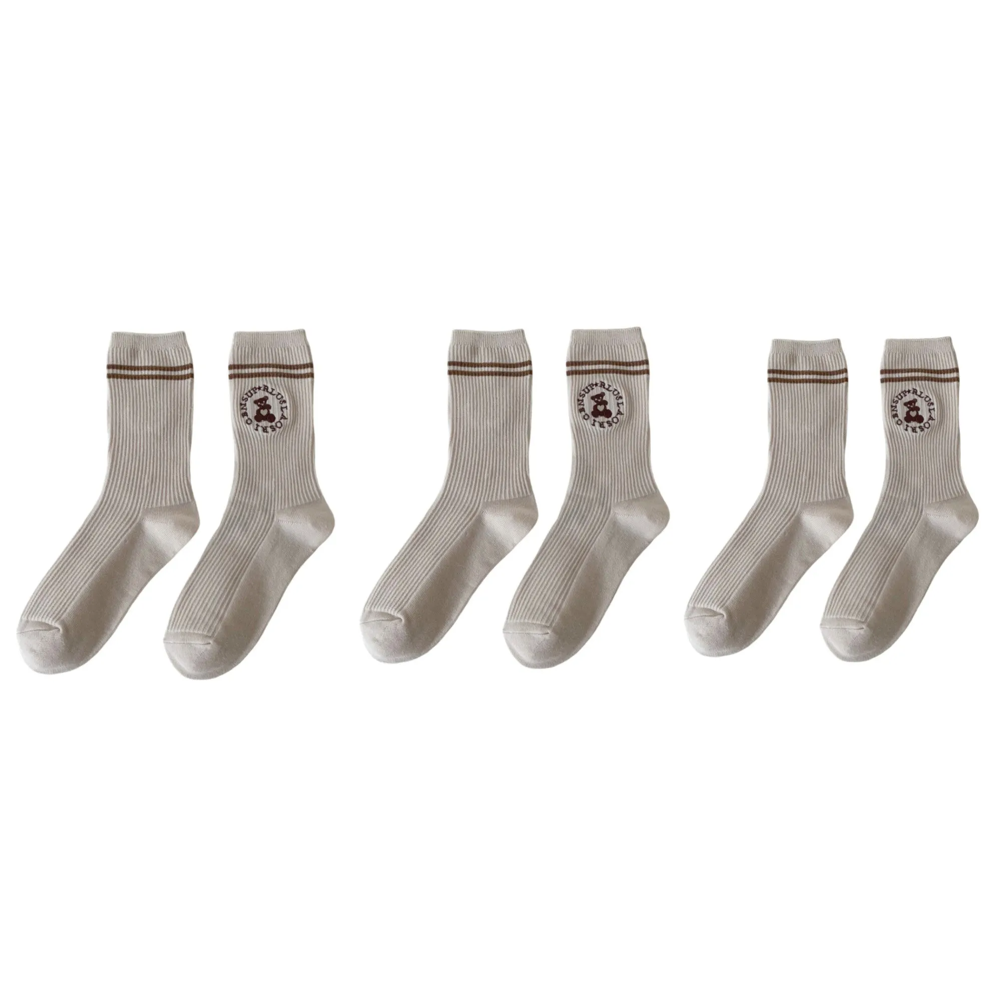 Anna-Kaci Women's 3-Pair Ribbed Crew Socks with Embroidered Teddy Graphic Stripe Detail Soft Knit Everyday Sock Set sold by Anna-Kaci
