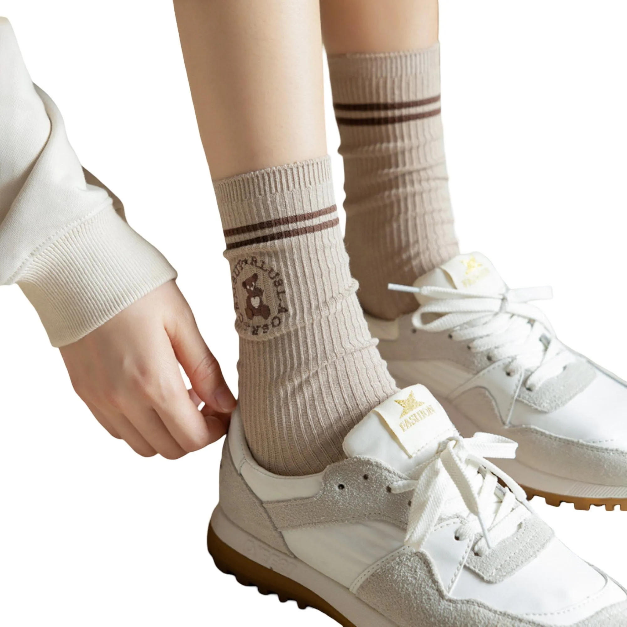 Anna-Kaci Women's 3-Pair Ribbed Crew Socks with Embroidered Teddy Graphic Stripe Detail Soft Knit Everyday Sock Set sold by Anna-Kaci product image thumbnail 2