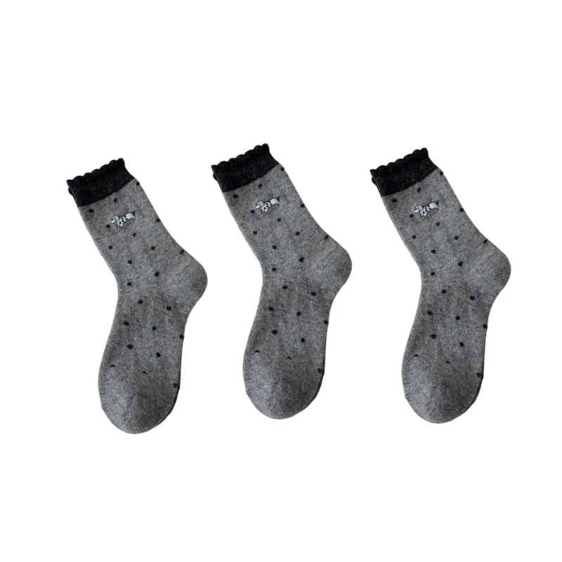 Anna-Kaci Women's 3-Pair Polka Dot Crew Socks with Embroidered Dog Detail Ruffle Cuff Soft Knit Everyday Sock Set sold by Anna-Kaci