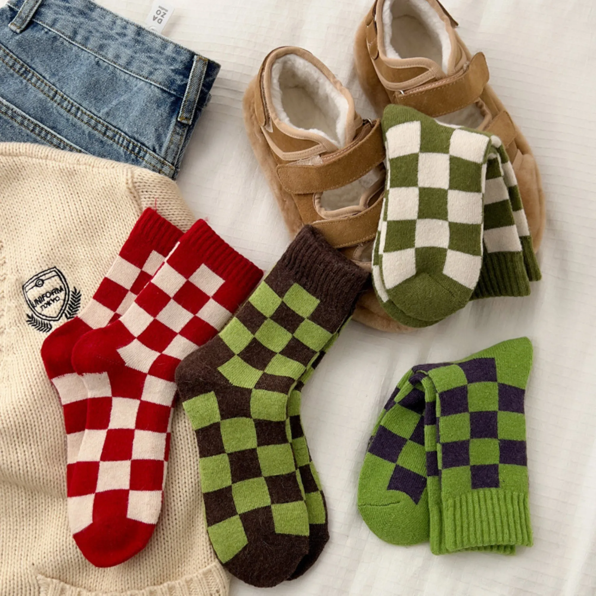 Anna-Kaci Women's 3-Pair Checkerboard Crew Socks Soft Knit Fabric Ribbed Cuff Comfortable Everyday Giftable Sock Set sold by Anna-Kaci product image thumbnail 2
