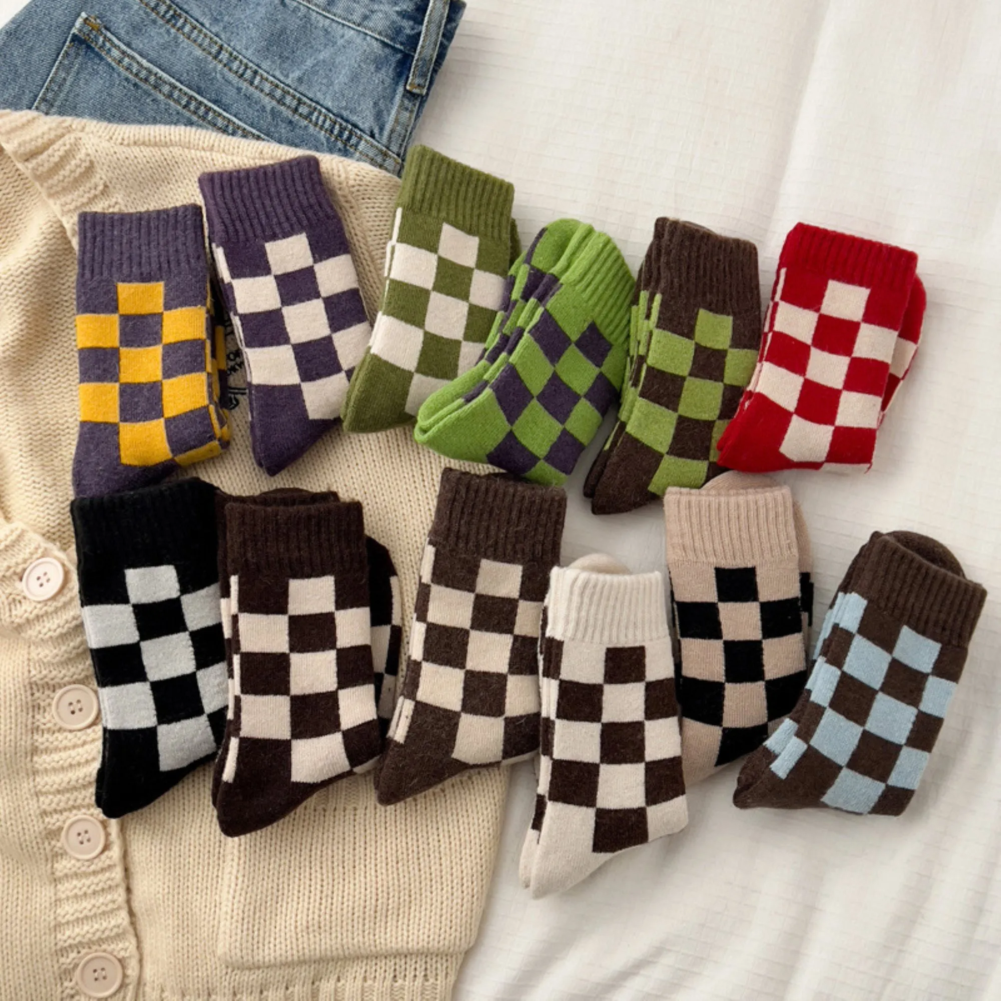 Anna-Kaci Women's 3-Pair Checkerboard Crew Socks Soft Knit Fabric Ribbed Cuff Comfortable Everyday Giftable Sock Set sold by Anna-Kaci product image thumbnail 3