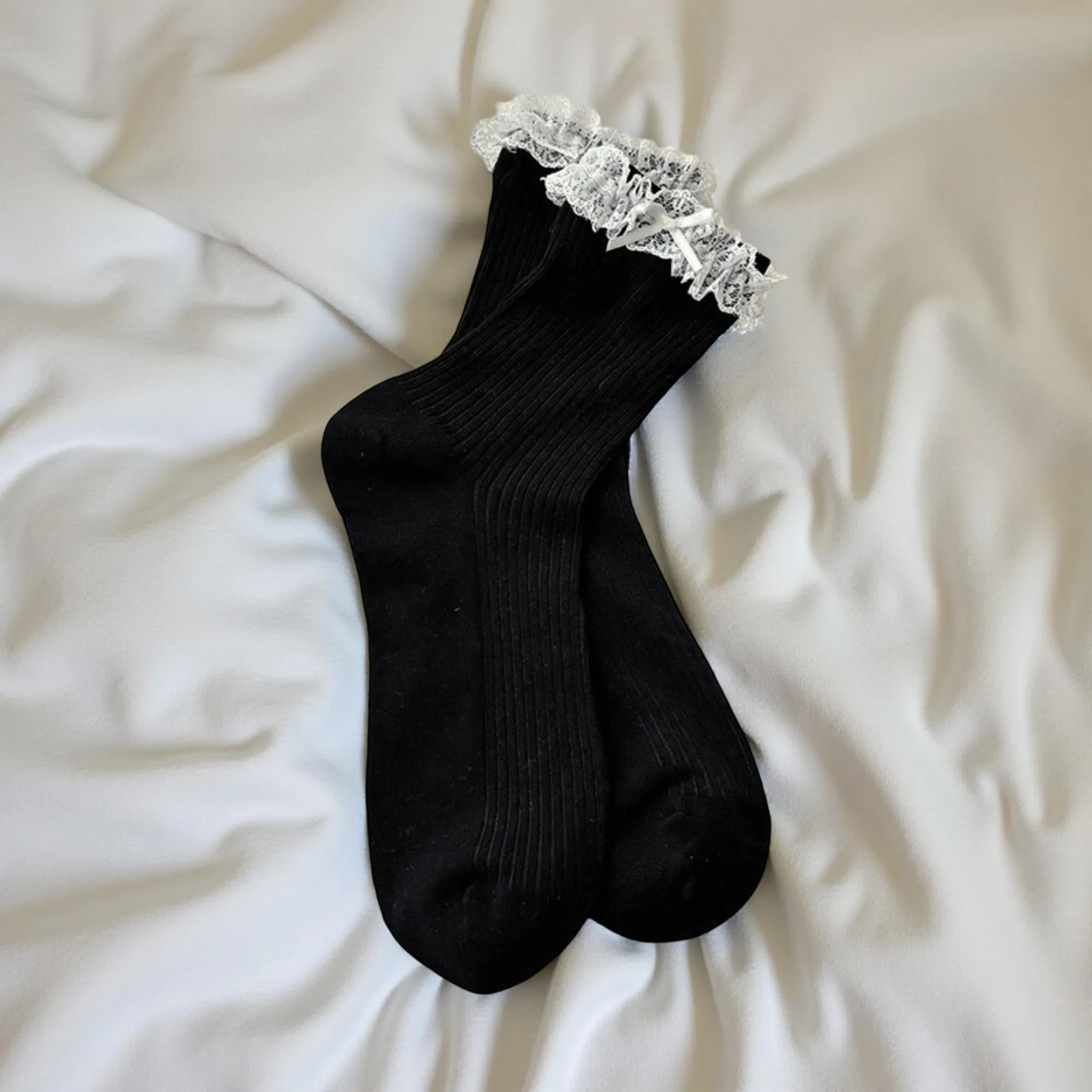 Anna-Kaci Women's Ribbed Knit Knee High Ruffle Socks 3 Pair Set Lace Trim Bow Detail Soft Stretch Socks sold by Anna-Kaci product image thumbnail 2