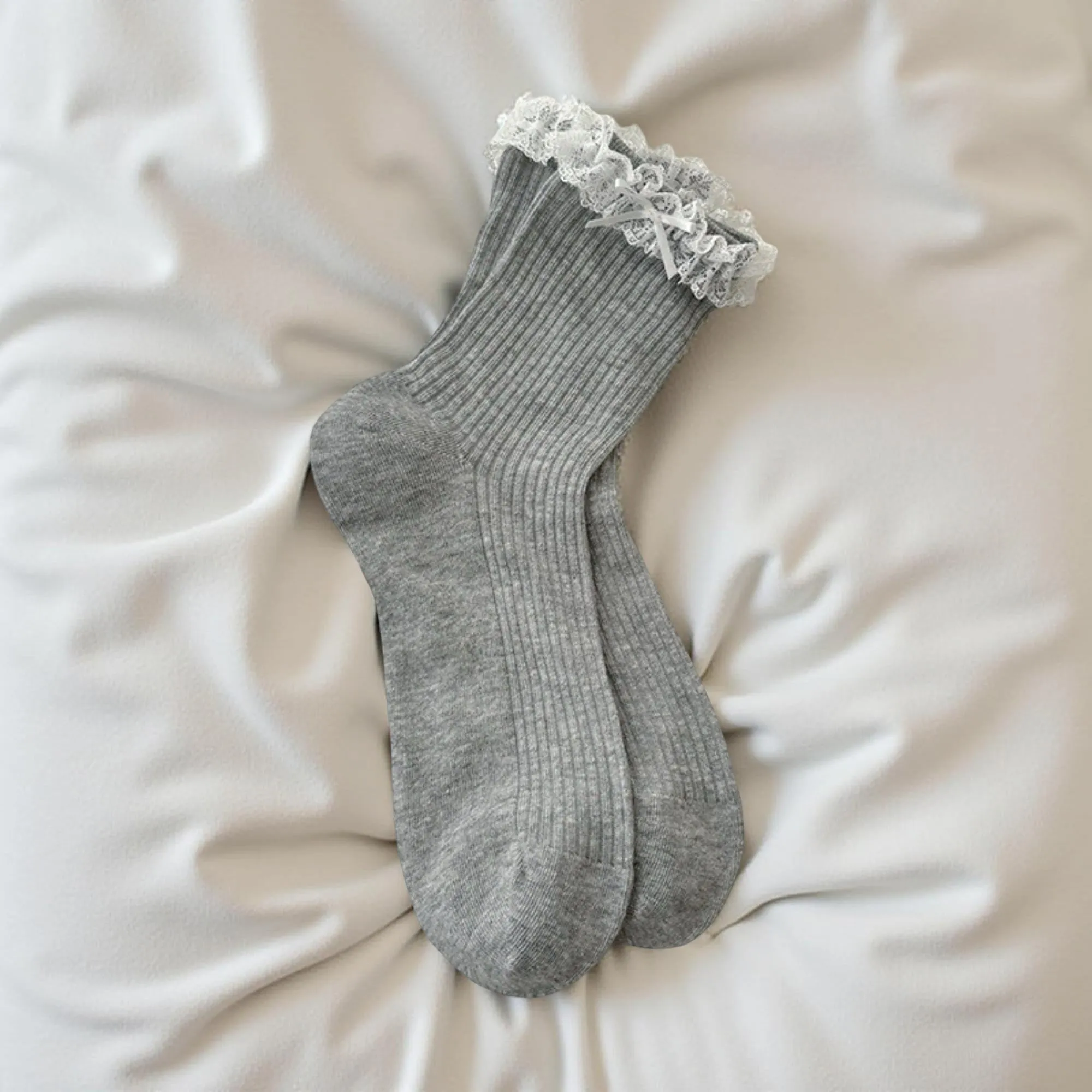 Anna-Kaci Women's Ribbed Knit Knee High Ruffle Socks 3 Pair Set Lace Trim Bow Detail Soft Stretch Socks sold by Anna-Kaci product image thumbnail 3