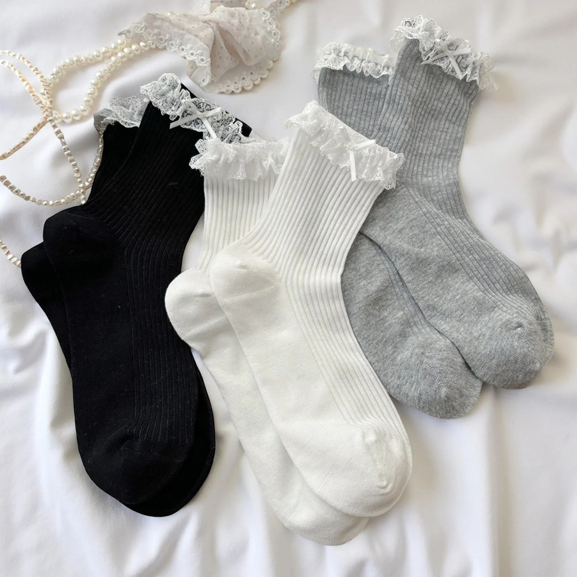 Anna-Kaci Women's Ribbed Knit Knee High Ruffle Socks 3 Pair Set Lace Trim Bow Detail Soft Stretch Socks sold by Anna-Kaci product image thumbnail 4