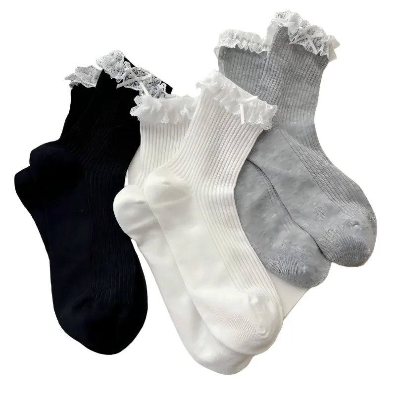 Anna-Kaci Women's Ribbed Knit Knee High Ruffle Socks 3 Pair Set Lace Trim Bow Detail Soft Stretch Socks sold by Anna-Kaci
