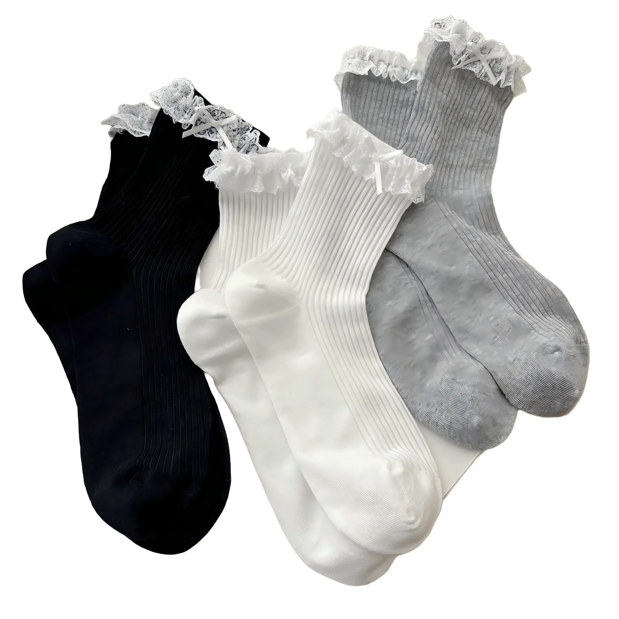 Anna-Kaci Women's Ribbed Knit Knee High Ruffle Socks 3 Pair Set Lace Trim Bow Detail Soft Stretch Socks sold by Anna-Kaci