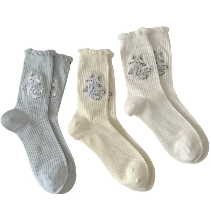 Anna-Kaci Women's Ribbed Knit Crew Socks 3 Pair Set with Ruffled Cuff and Animal Embroidery Detail sold by Anna-Kaci