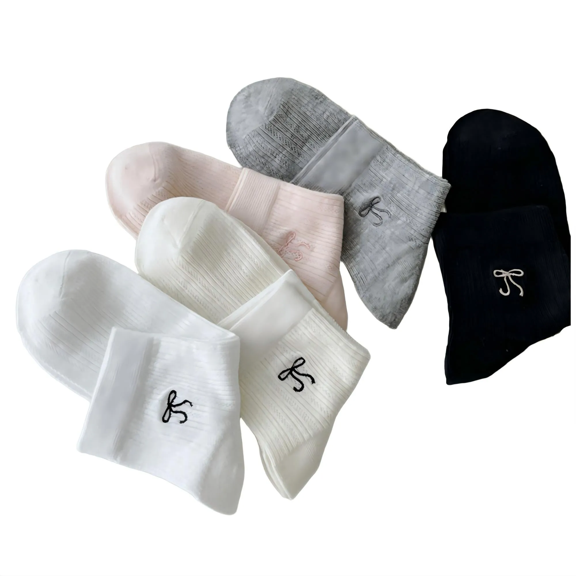 Anna-Kaci Women's Ribbed Crew Socks 5 Pair Soft Stretch Knit with Embroidered Bow Detail sold by Anna-Kaci