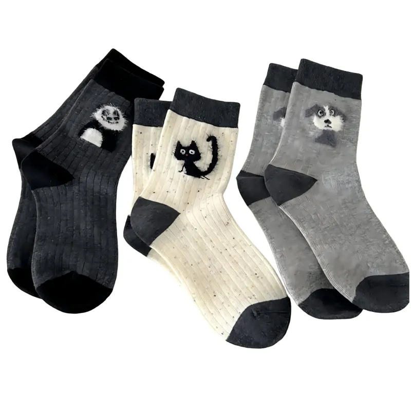 Anna-Kaci Women's 3-Pair Ribbed Crew Socks Set with Playful Animal Motifs Soft Stretch Fabric Everyday Fashion Socks sold by Anna-Kaci