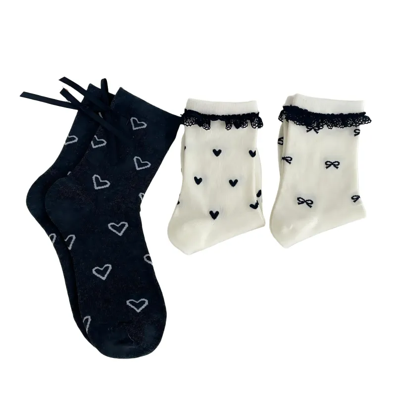 Anna-Kaci Women's 3-Pair Sheer Crew Socks Set with Heart Pattern Lace Trim Ribbon Tie Detail Soft Stretch Fabric sold by Anna-Kaci