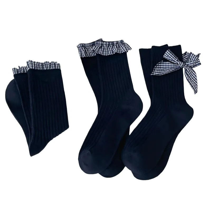 Anna-Kaci Women's 3-Pair Ribbed Crew Socks Set with Ruffle Trim Bow Accent Soft Stretch Fabric and Classic Everyday Fit sold by Anna-Kaci