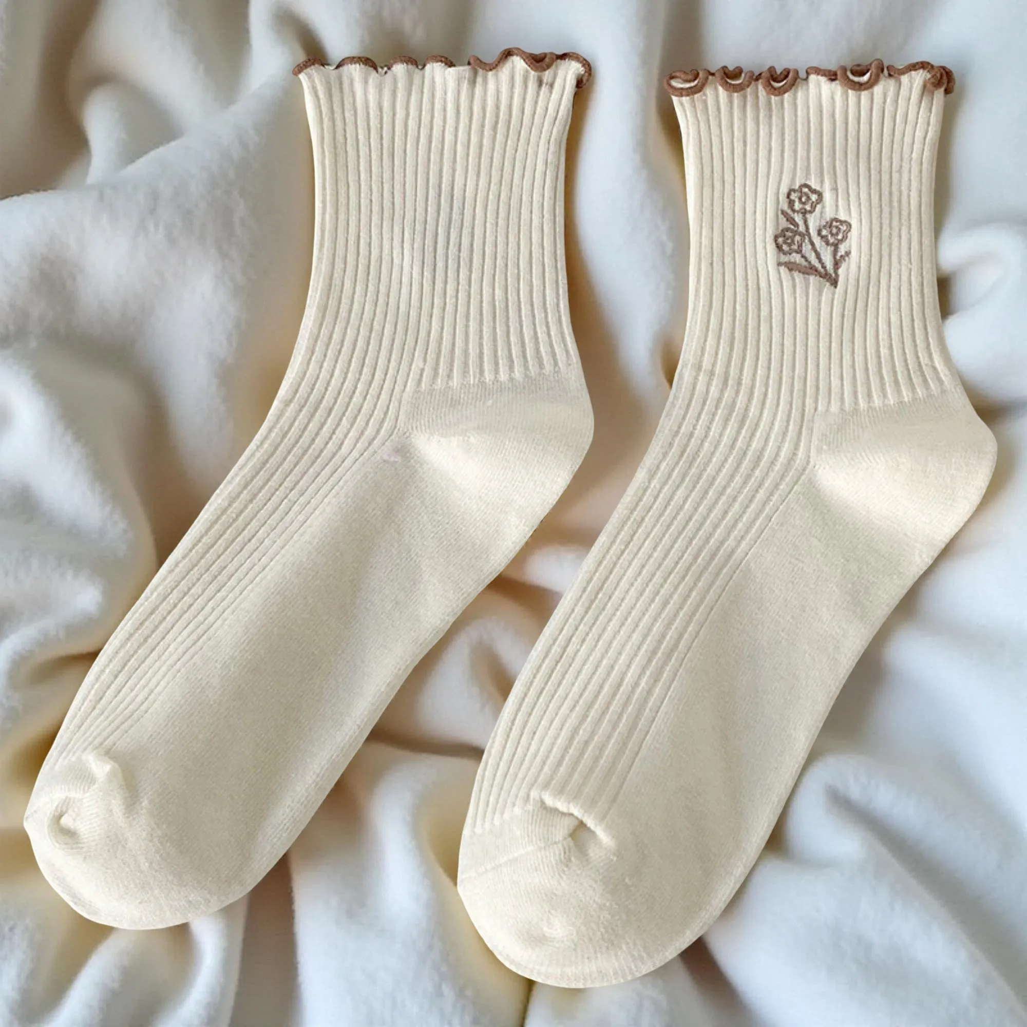 Anna-Kaci Women's 6-Pair Ribbed Crew Socks Set with Floral Embroidery Ruffle Trim Soft Stretch Fabric and Everyday Comfort Fit sold by Anna-Kaci product image thumbnail 2