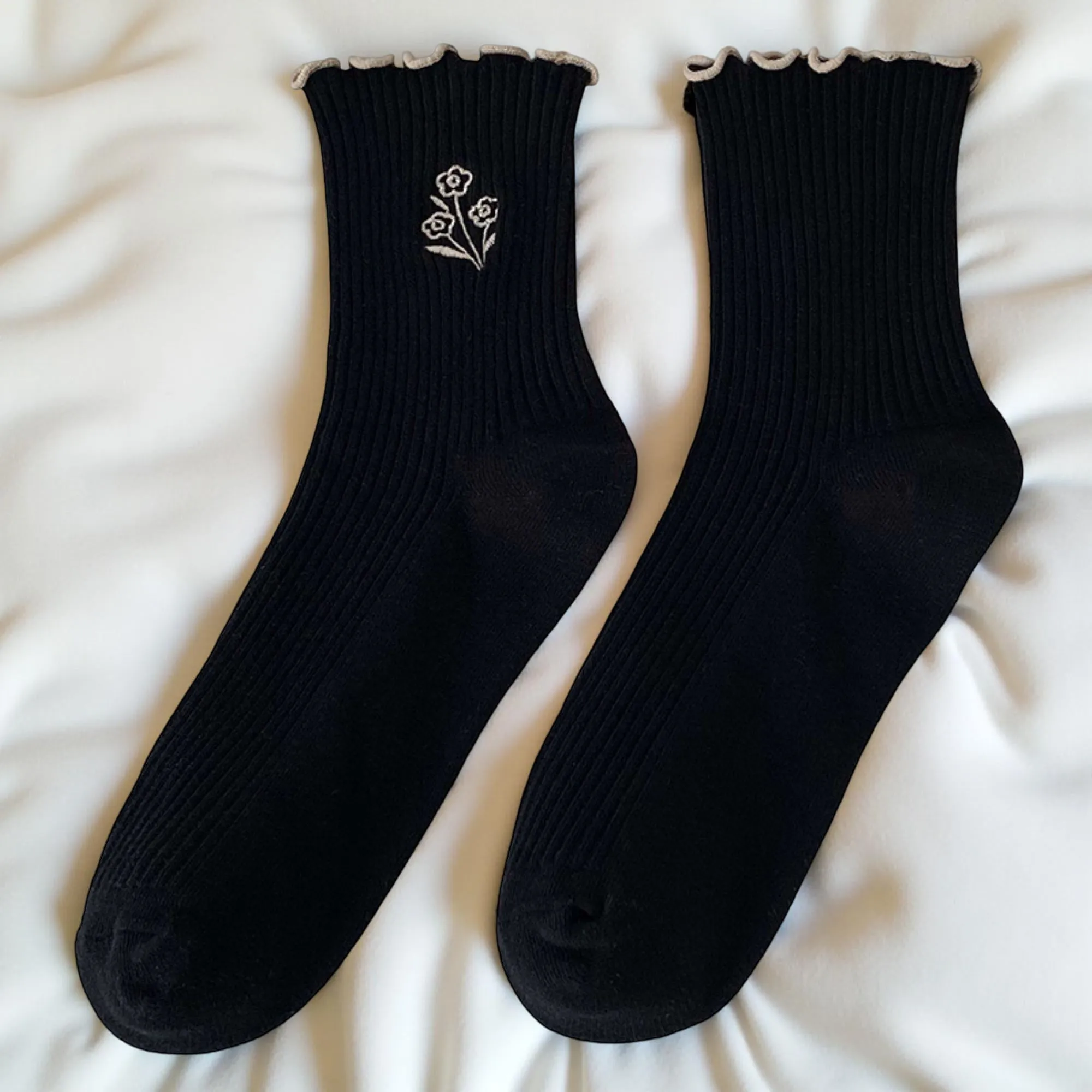 Anna-Kaci Women's 6-Pair Ribbed Crew Socks Set with Floral Embroidery Ruffle Trim Soft Stretch Fabric and Everyday Comfort Fit sold by Anna-Kaci product image thumbnail 3