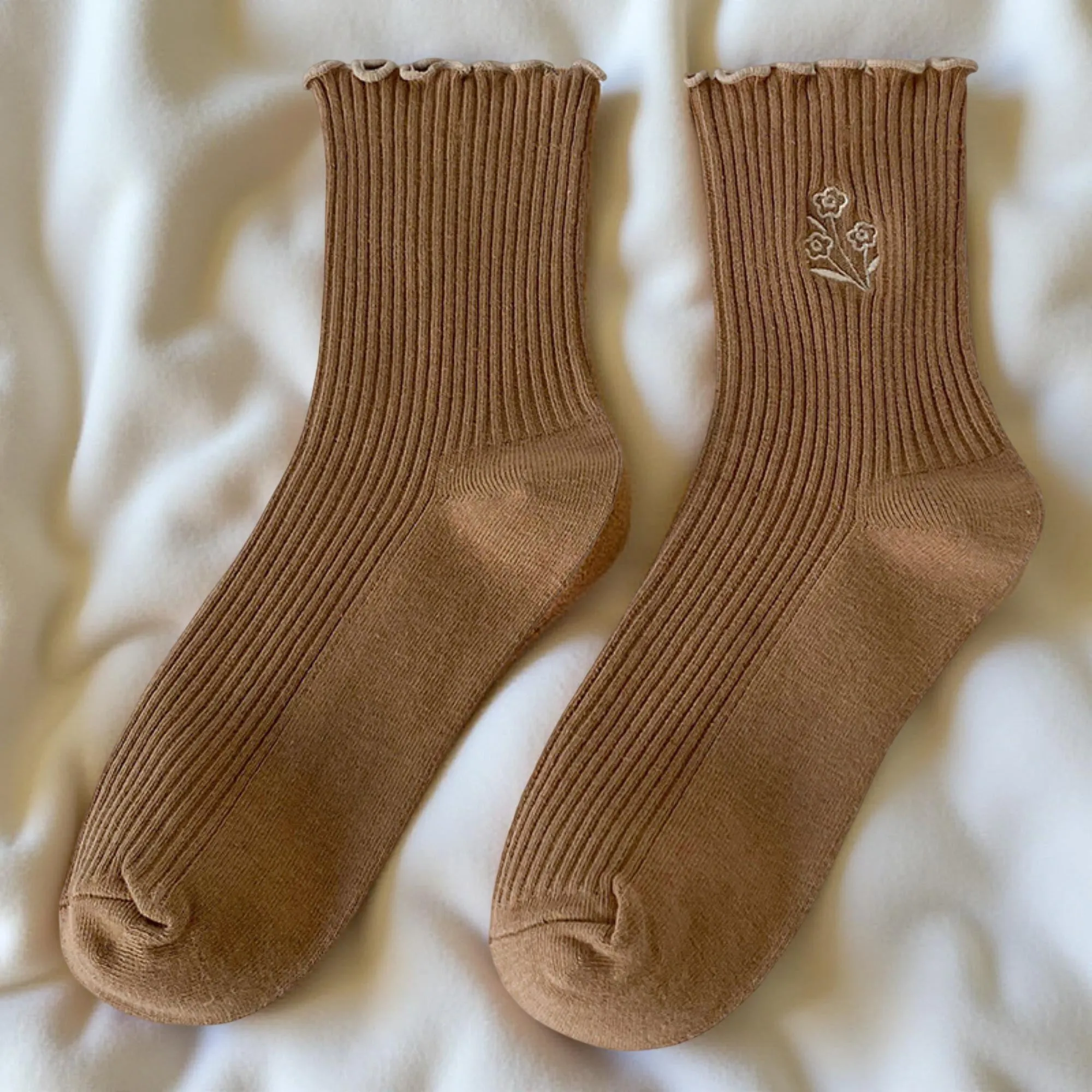 Anna-Kaci Women's 6-Pair Ribbed Crew Socks Set with Floral Embroidery Ruffle Trim Soft Stretch Fabric and Everyday Comfort Fit sold by Anna-Kaci product image thumbnail 4