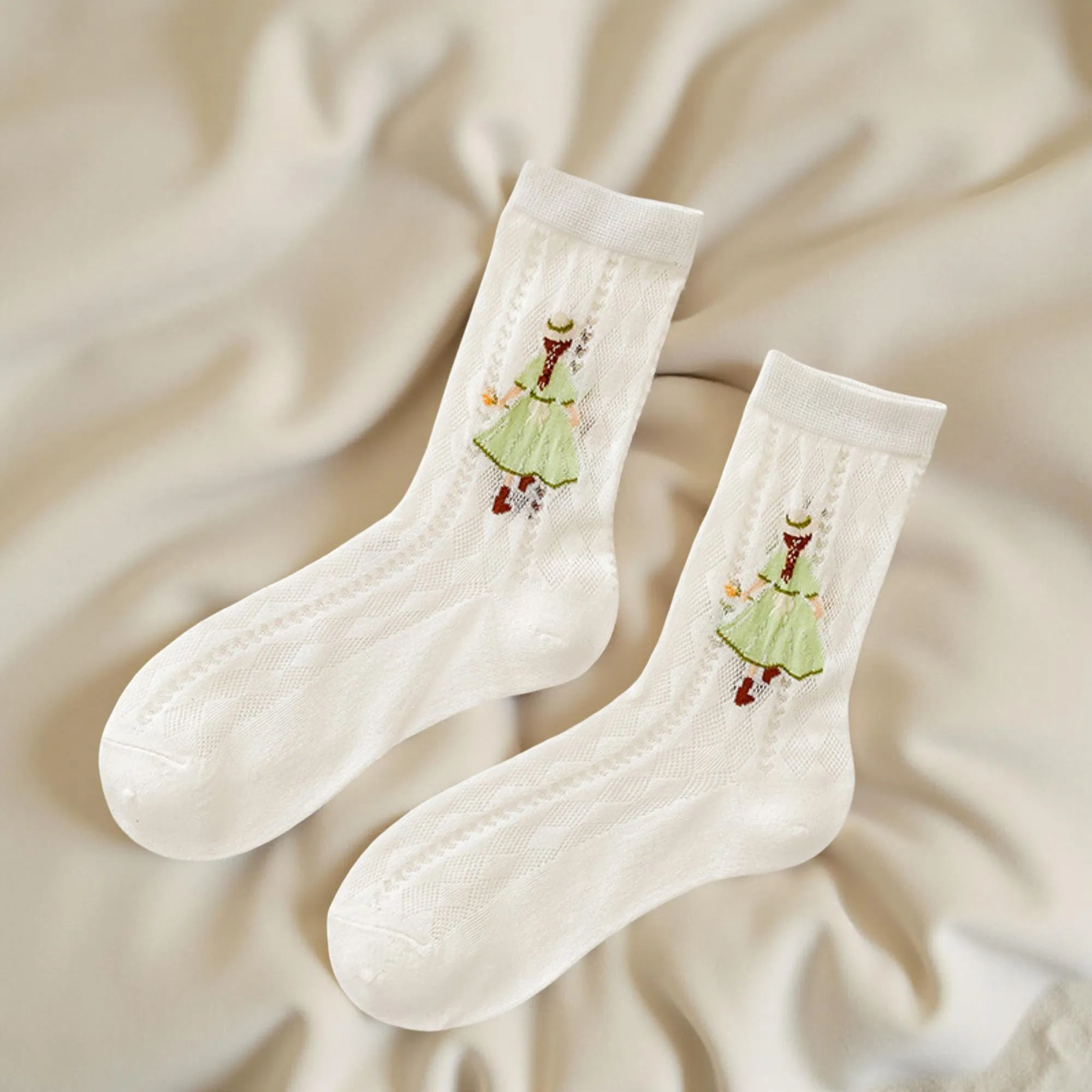 Anna-Kaci Women's 2-Pair Sheer Crew Socks with Illustrated Girl Motif Soft Stretch Fabric and Lightweight Dressy Finish sold by Anna-Kaci product image thumbnail 3