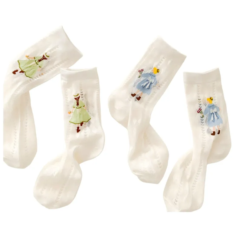 Anna-Kaci Women's 2-Pair Sheer Crew Socks with Illustrated Girl Motif Soft Stretch Fabric and Lightweight Dressy Finish made by Anna-Kaci