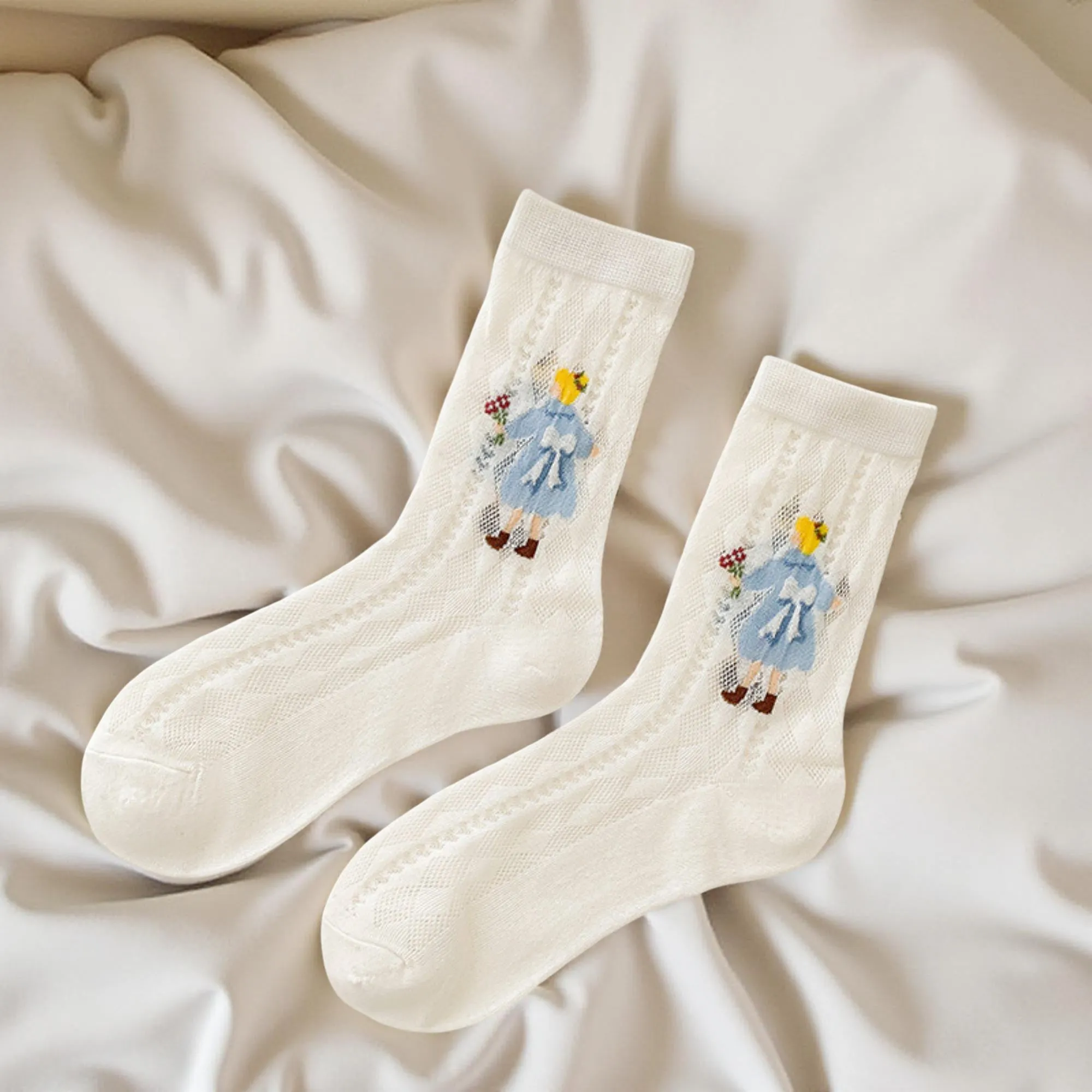 Anna-Kaci Women's 2-Pair Sheer Crew Socks with Illustrated Girl Motif Soft Stretch Fabric and Lightweight Dressy Finish sold by Anna-Kaci product image thumbnail 2