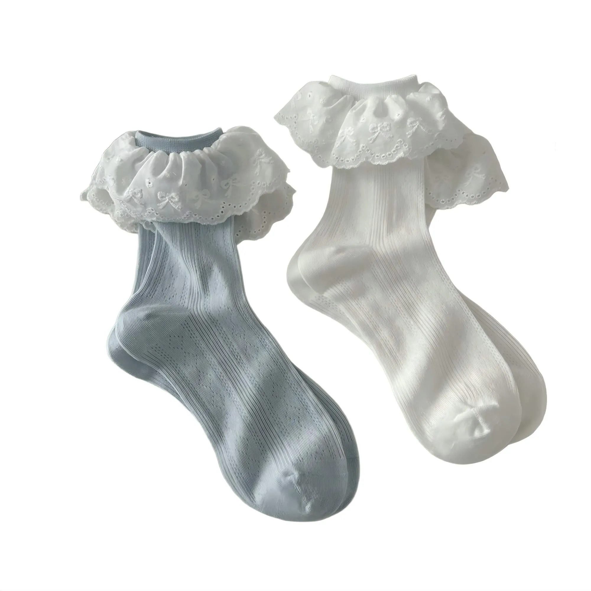 Anna-Kaci Women's 2-Pair Ruffle Lace Trim Crew Socks with Soft Stretch Fabric Decorative Eyelet Detail and Dressy Comfort Fit sold by Anna-Kaci