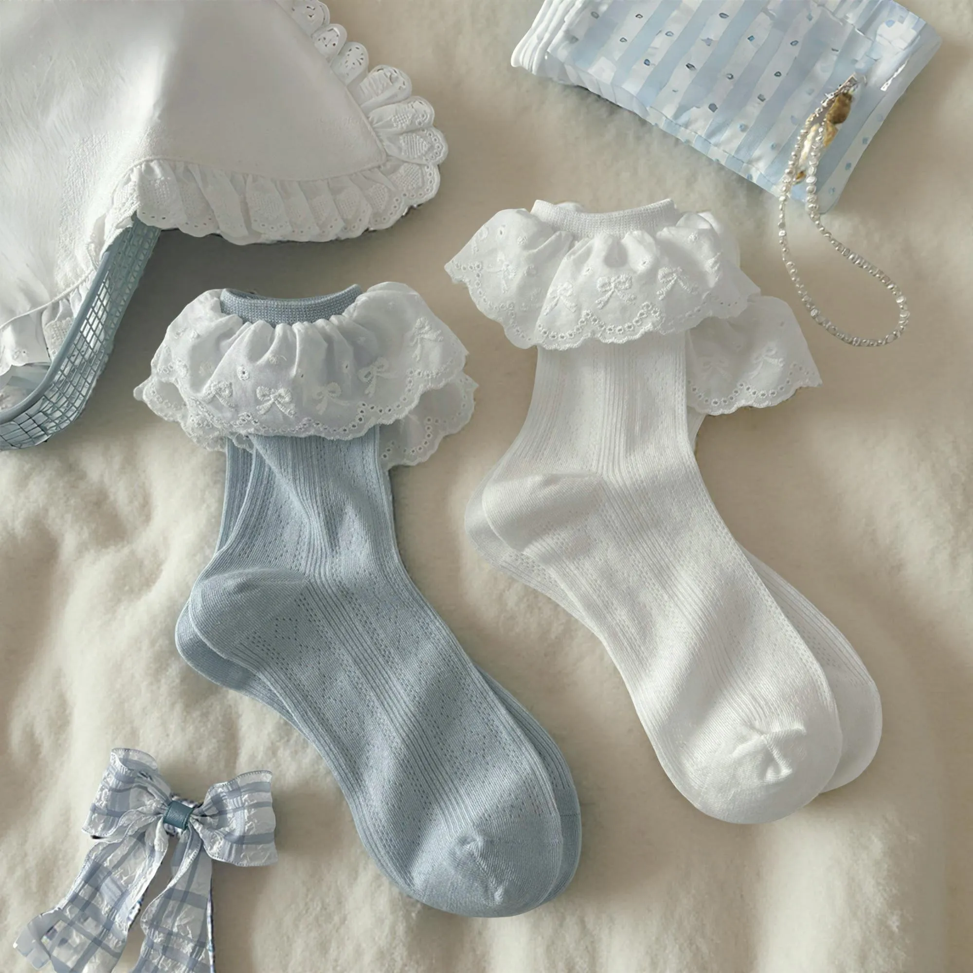 Anna-Kaci Women's 2-Pair Ruffle Lace Trim Crew Socks with Soft Stretch Fabric Decorative Eyelet Detail and Dressy Comfort Fit sold by Anna-Kaci product image thumbnail 3