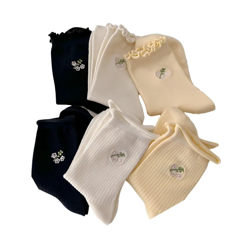Anna-Kaci Women's 6-Pair Ribbed Crew Socks with Floral Embroidery and Ruffled Cuff Soft Everyday Socks sold by Anna-Kaci