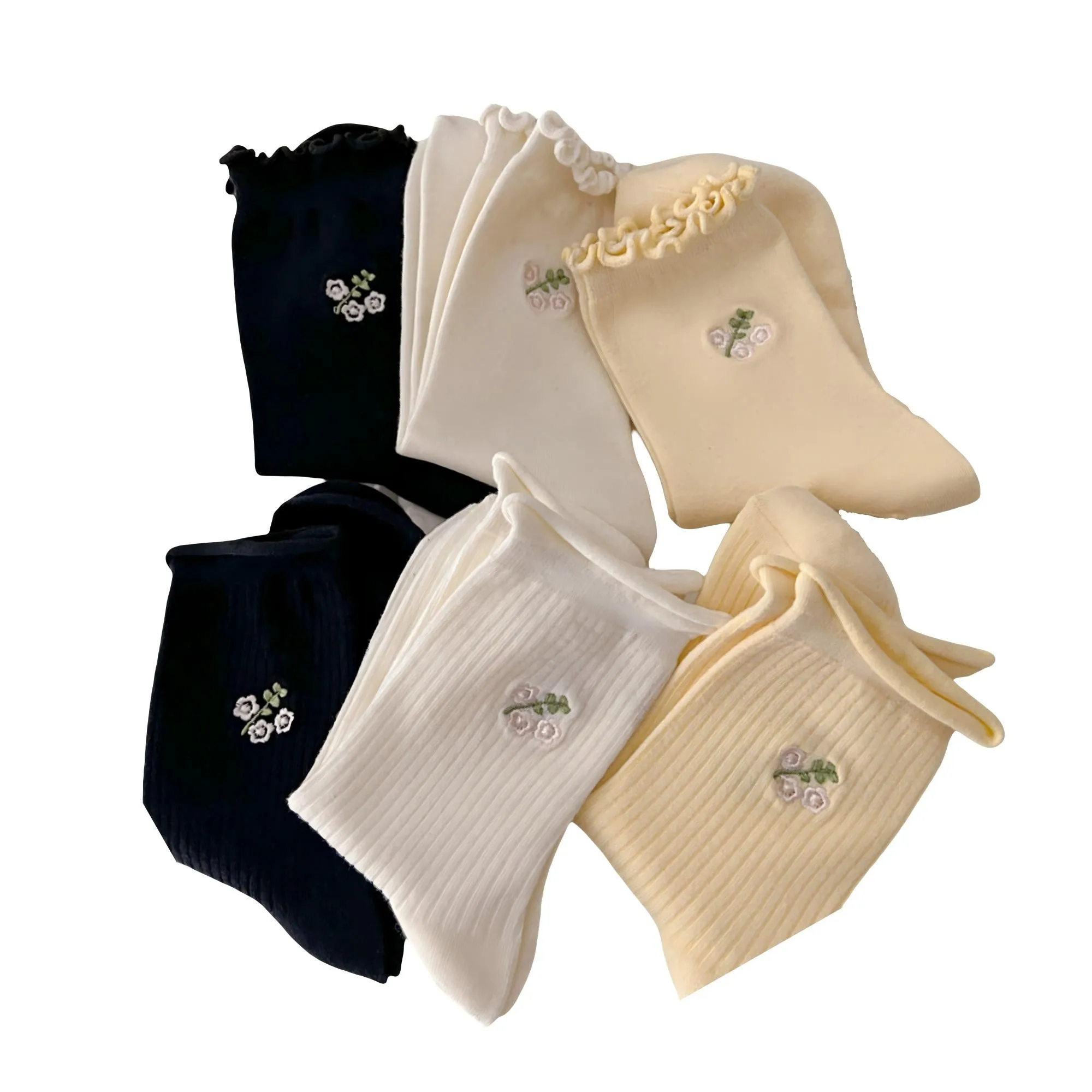 Anna-Kaci Women's 6-Pair Ribbed Crew Socks with Floral Embroidery and Ruffled Cuff Soft Everyday Socks sold by Anna-Kaci