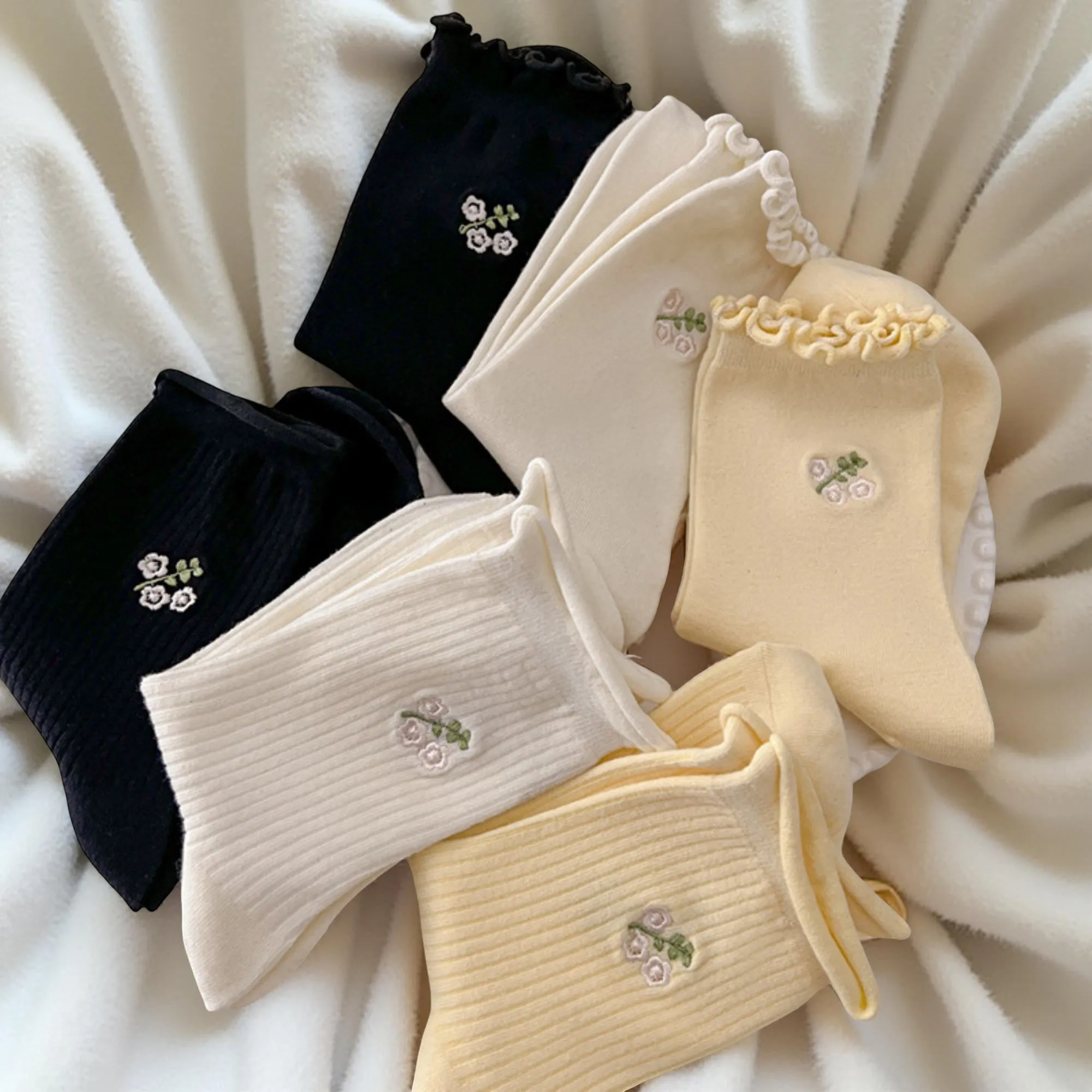 Anna-Kaci Women's 6-Pair Ribbed Crew Socks with Floral Embroidery and Ruffled Cuff Soft Everyday Socks sold by Anna-Kaci product image thumbnail 3