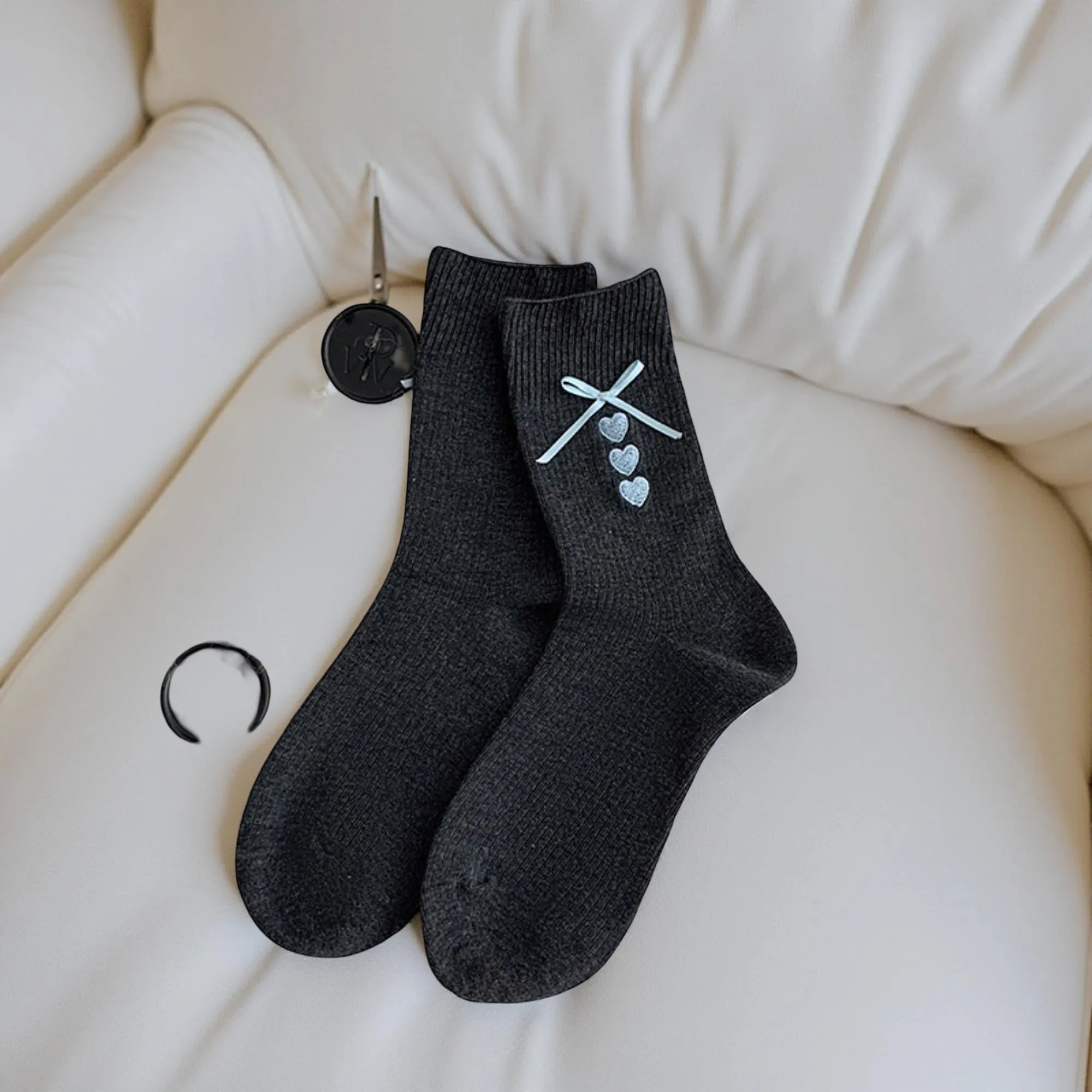 Anna-Kaci Women's 3-Pair Ribbed Crew Socks Set with Bow and Heart Embellishments Soft Stretch Knit Giftable Essentials sold by Anna-Kaci product image thumbnail 3