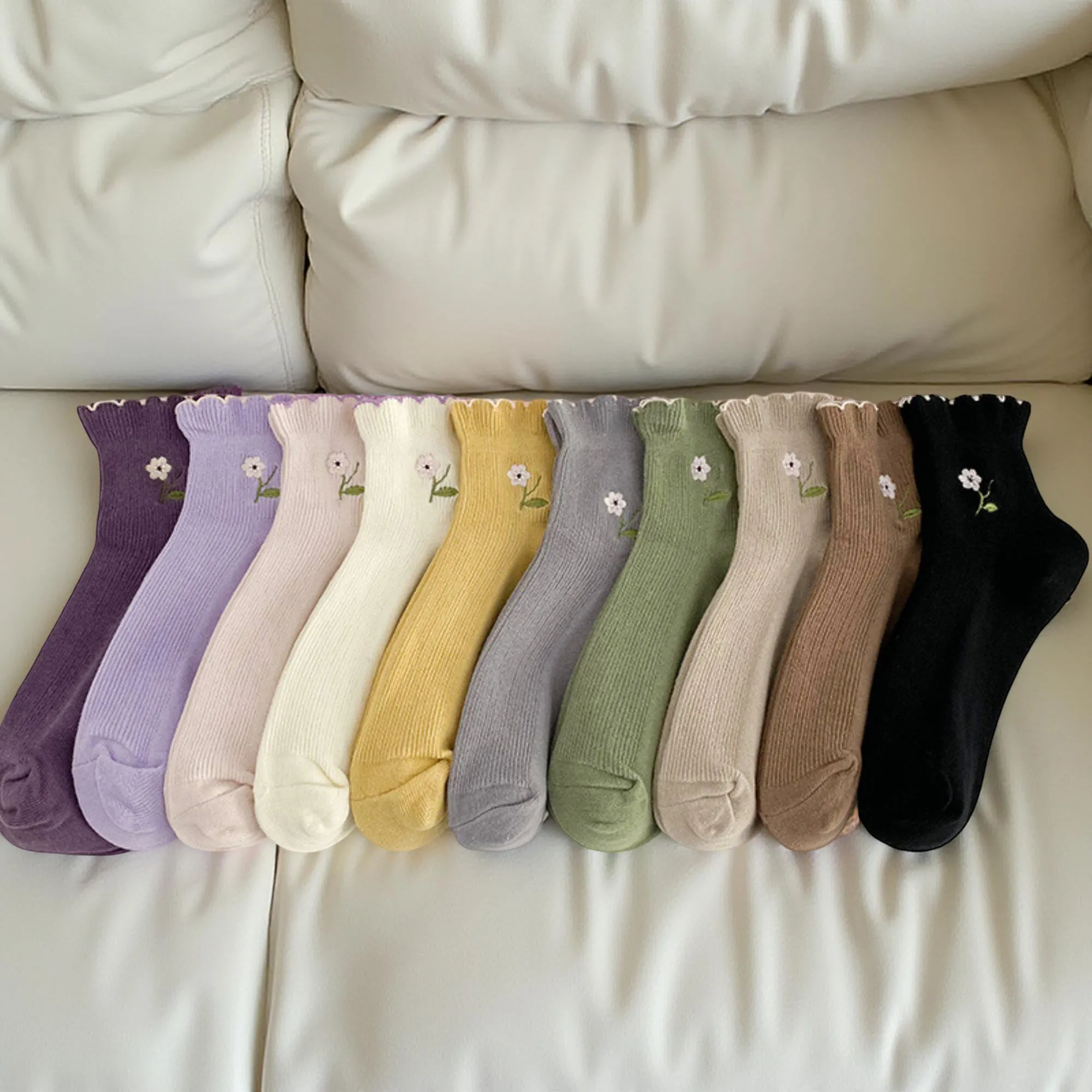 Anna-Kaci Women's 10-Pair Ribbed Crew Socks Set with Floral Embroidery Soft Stretch Knit Everyday Comfort sold by Anna-Kaci product image thumbnail 4