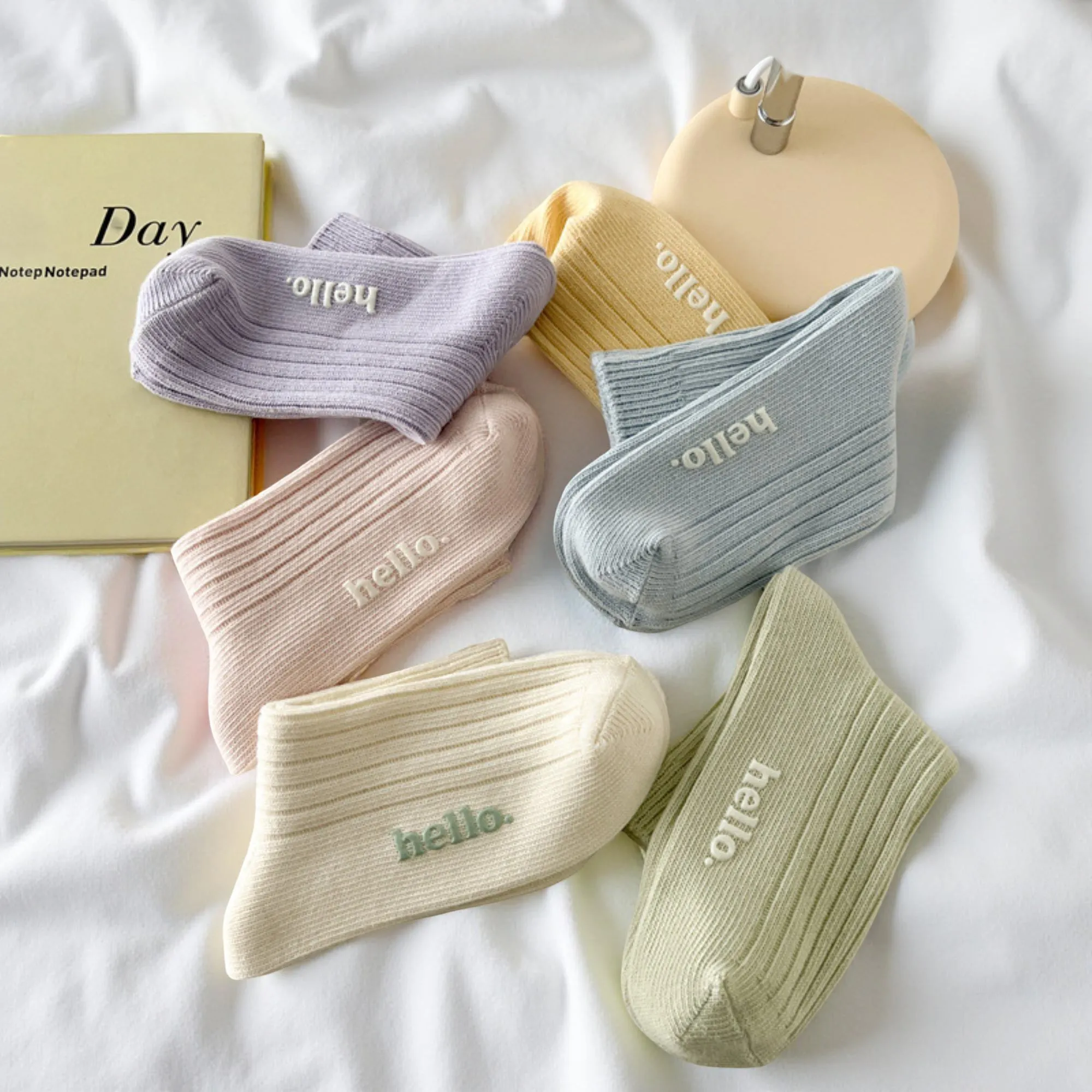 Anna-Kaci Women's 5-Pair Ribbed Crew Socks Set with Hello Text Detail Soft Stretch Knit Comfortable Everyday Essential sold by Anna-Kaci product image thumbnail 2