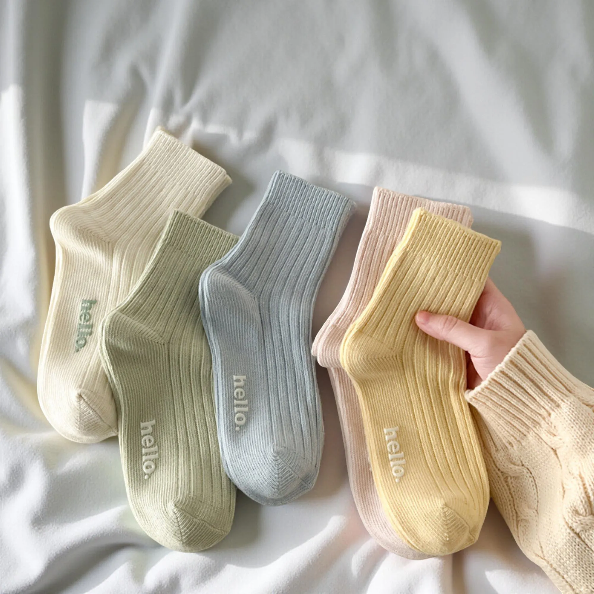 Anna-Kaci Women's 5-Pair Ribbed Crew Socks Set with Hello Text Detail Soft Stretch Knit Comfortable Everyday Essential sold by Anna-Kaci product image thumbnail 3