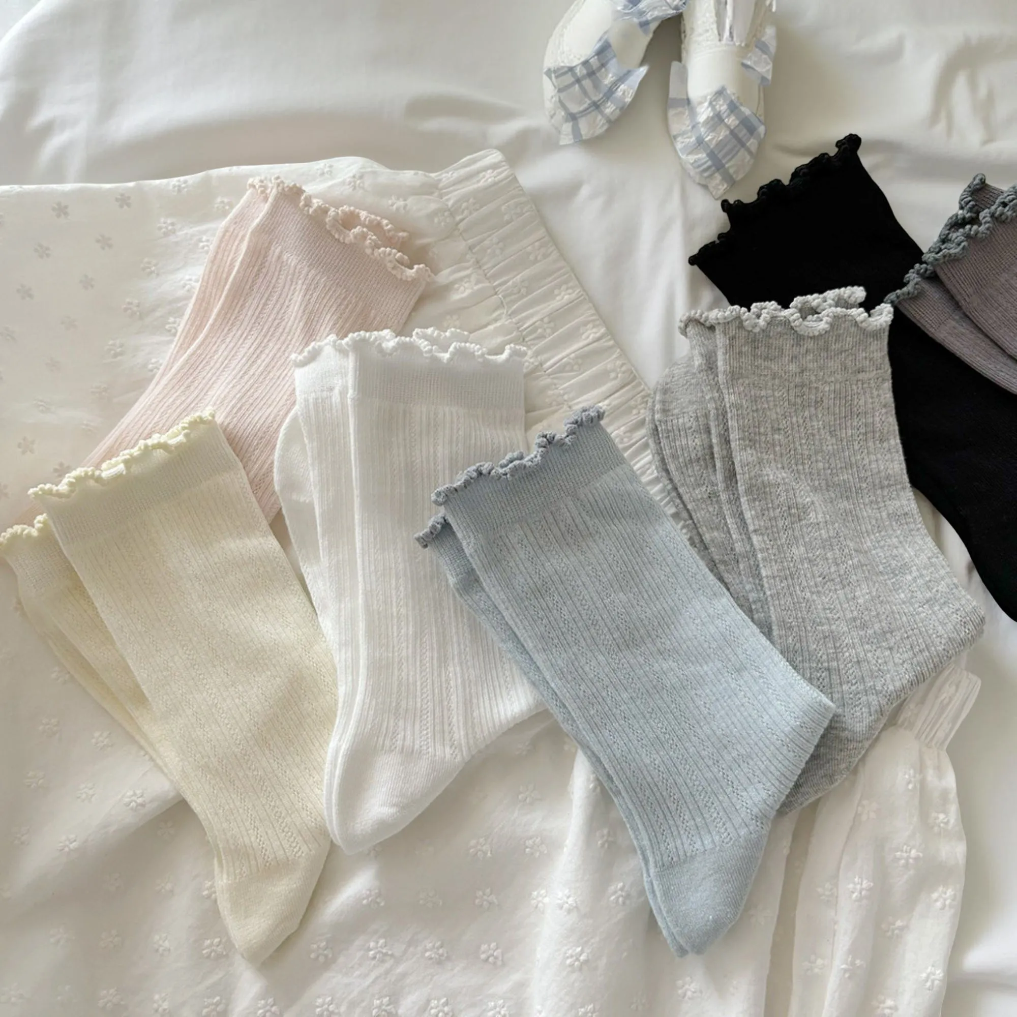 Anna-Kaci Women's 3-Pair Ribbed Crew Socks Set with Ruffle Cuff Detail Soft Knit Fabric and Comfortable Everyday Fit sold by Anna-Kaci product image thumbnail 3