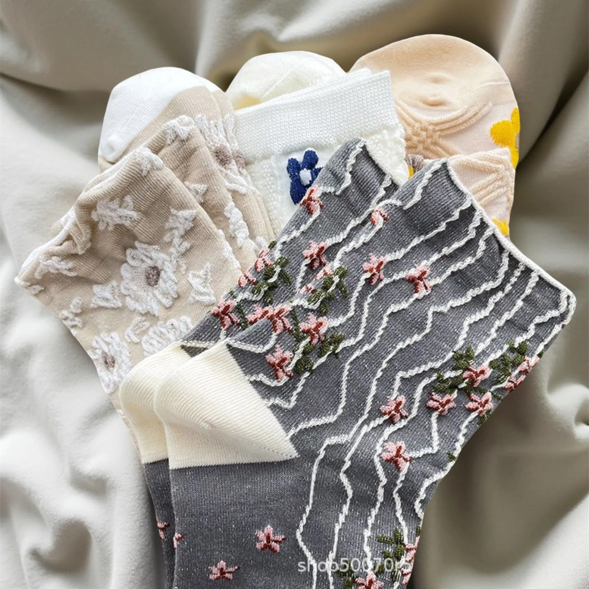 Anna-Kaci Women's 4-Pair Sheer Knit Crew Socks Set with Floral Embroidery Textured Details and Lightweight Comfort sold by Anna-Kaci product image thumbnail 2