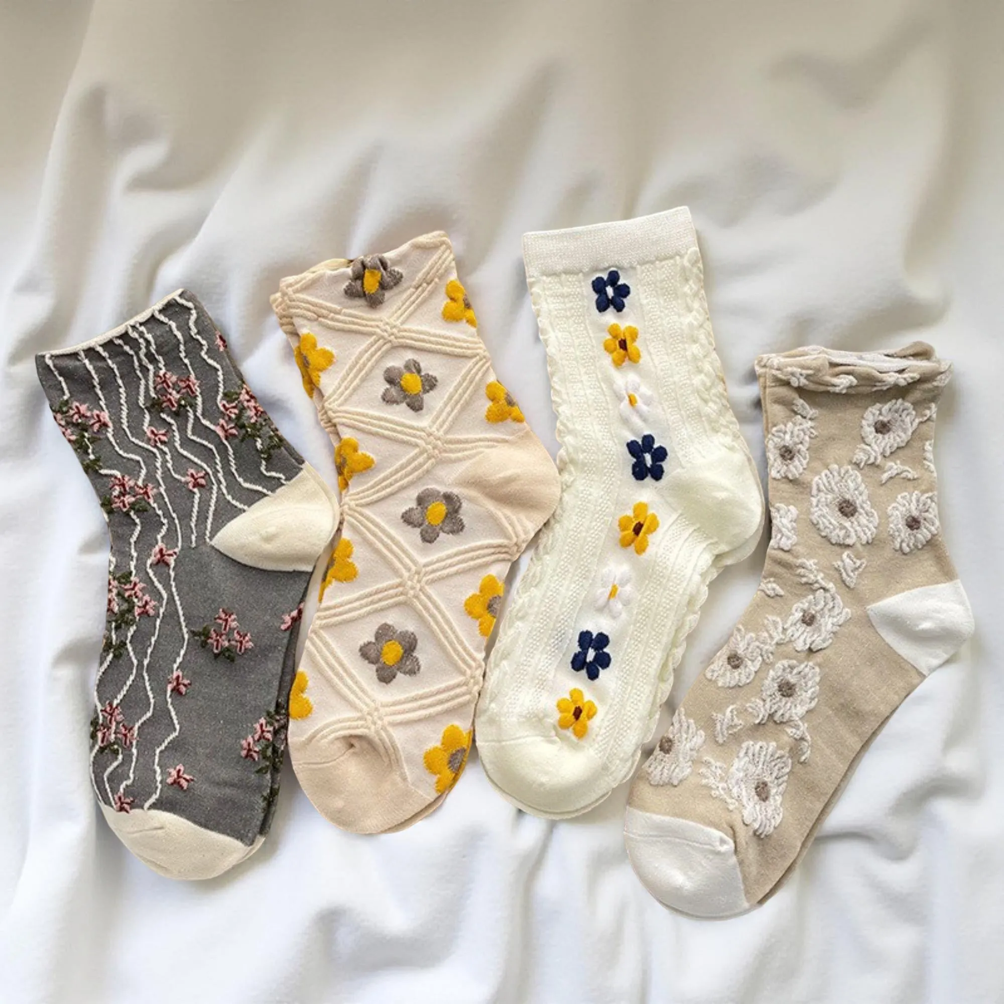 Anna-Kaci Women's 4-Pair Sheer Knit Crew Socks Set with Floral Embroidery Textured Details and Lightweight Comfort sold by Anna-Kaci product image thumbnail 3