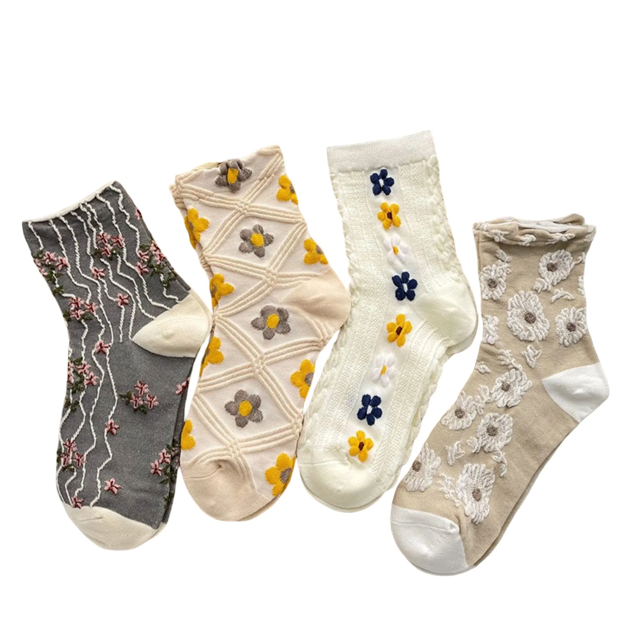 Anna-Kaci Women's 4-Pair Sheer Knit Crew Socks Set with Floral Embroidery Textured Details and Lightweight Comfort sold by Anna-Kaci
