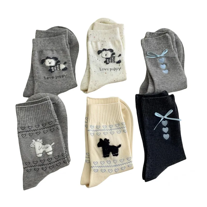 Anna-Kaci Women's 6-Pair Knit Crew Socks Set with Dog Motif and Heart Pattern Details Soft Stretch Fabric and Everyday Comfort sold by Anna-Kaci