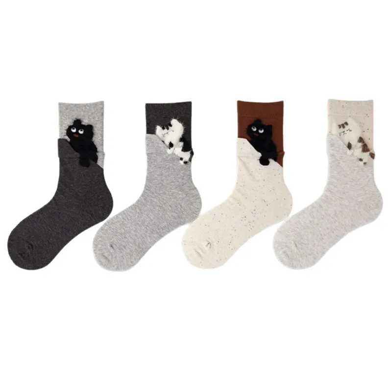 Anna-Kaci Women's 4-Pair Crew Socks with Textured Cat Appliqu¨¦ and Soft Knit Fabric made by Anna-Kaci