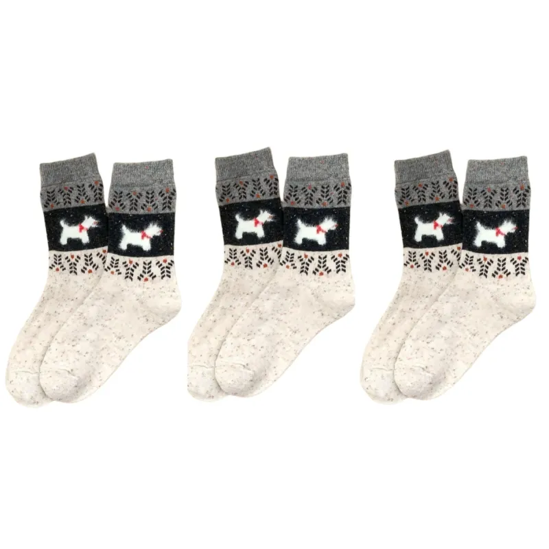 Anna-Kaci Women's 3-Pair Ribbed Knit Crew Socks with Dog Motif and Nordic Pattern made by Anna-Kaci