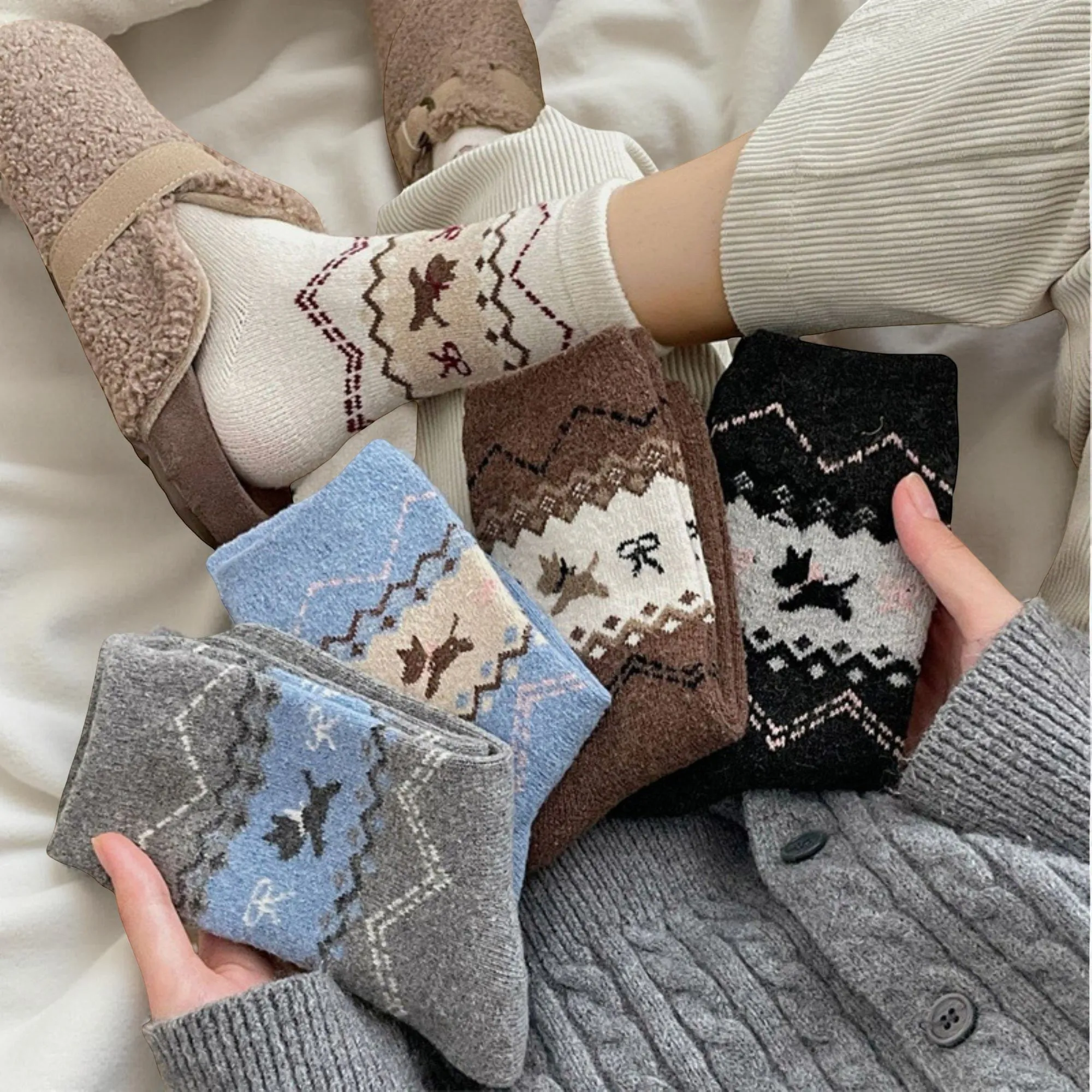 Anna-Kaci Women's 3-Pair Knit Crew Socks with Fair Isle Inspired Leaf and Geometric Pattern sold by Anna-Kaci product image thumbnail 3