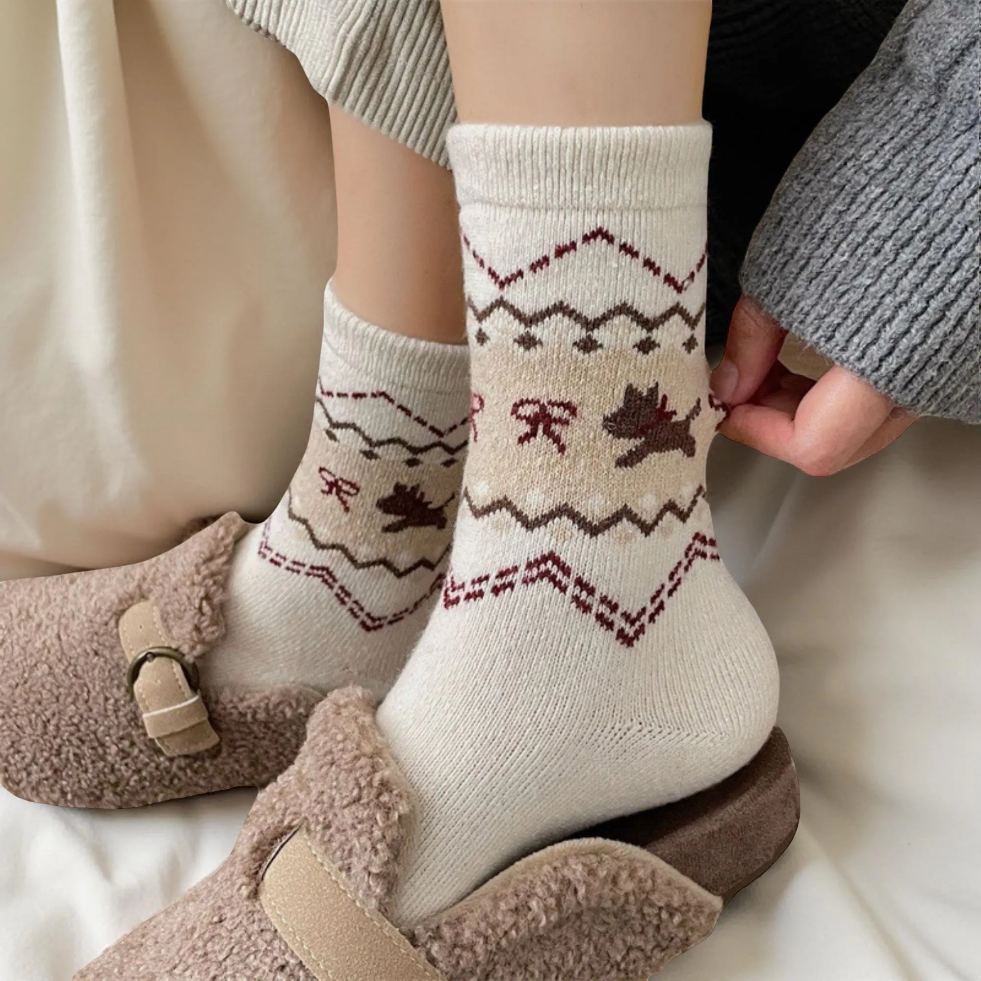 Anna-Kaci Women's 3-Pair Knit Crew Socks with Fair Isle Inspired Leaf and Geometric Pattern sold by Anna-Kaci product image thumbnail 2