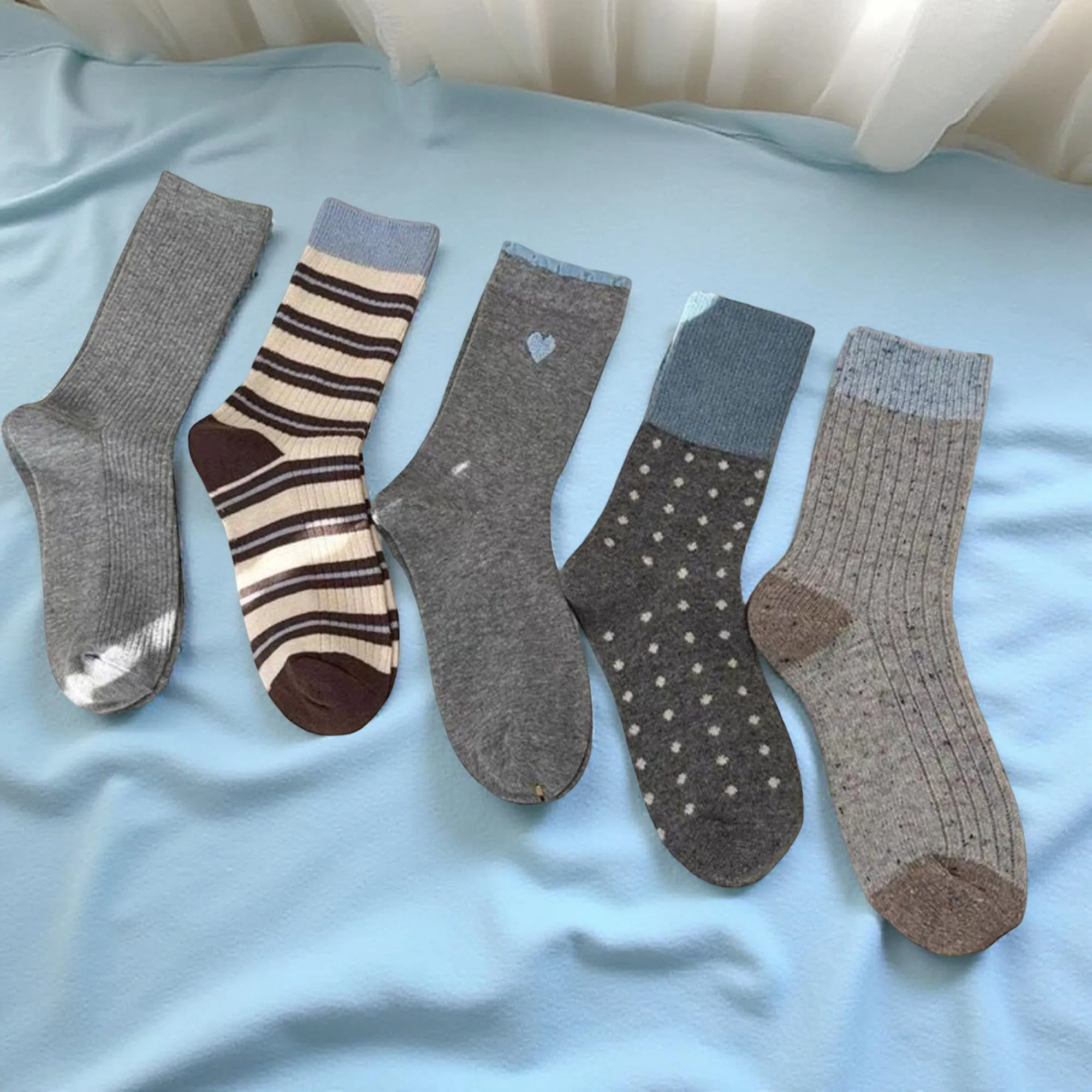 Anna-Kaci Women's 5-Pair Mixed Knit Crew Socks Ribbed Striped Dot Pattern Soft Stretch Everyday Set sold by Anna-Kaci product image thumbnail 4